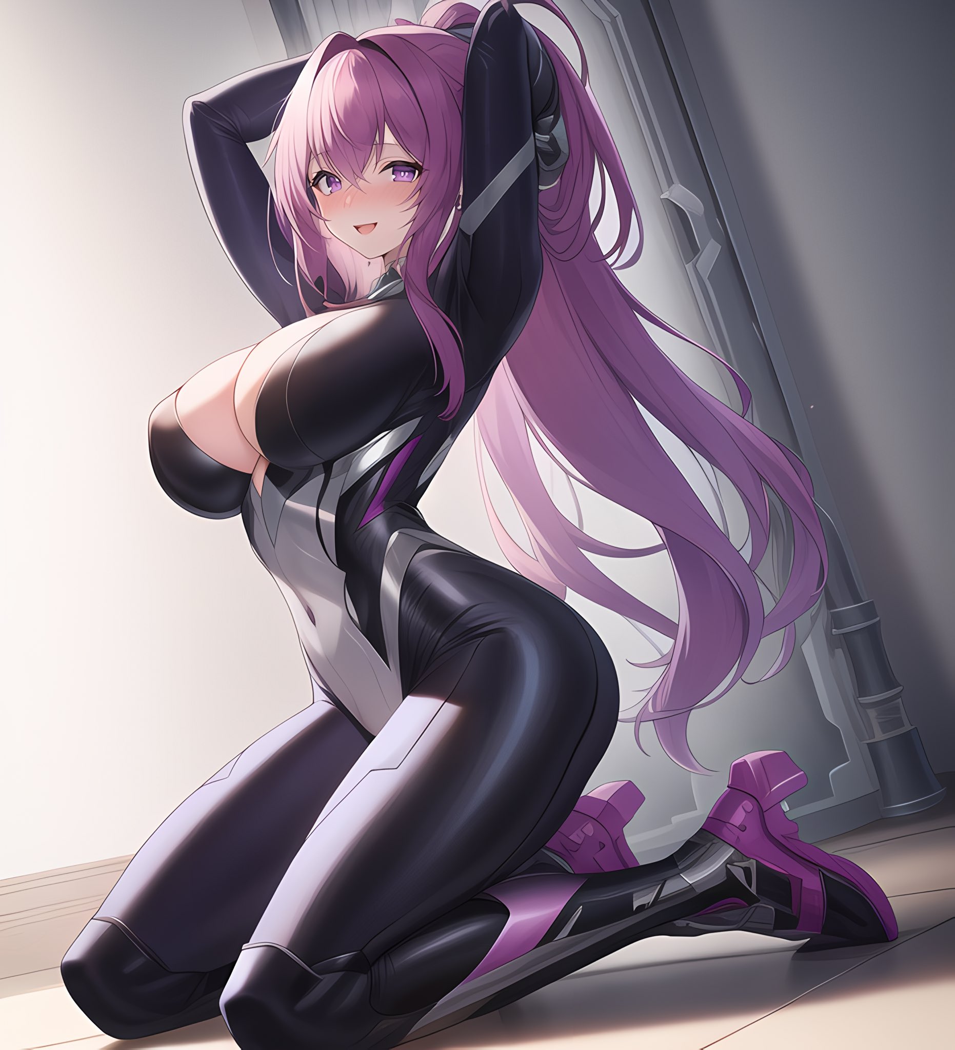 1girls, ai generated, curvy figure, female, female only, high resolution, latex, long hair, nai diffusion, original, ponytail, solo, stable diffusion, stuffyai, voluptuous, voluptuous female