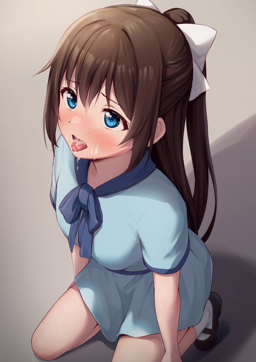 1boy 1girls after_deepthroat after_fellatio after_oral ankle_socks anklehighs bangs black_footwear blue_dress blue_eyes blush brown_hair cum cum_in_mouth cum_on_tongue cute dress facial female fringe good_girl innocent kneeling long_hair looking_at_another looking_up love_live! love_live!_nijigasaki_high_school_idol_club oral ousaka_shizuku ponytail school_uniform schoolgirl shoes socks solo straight teenager tongue_out toyasu_aina white_socks young