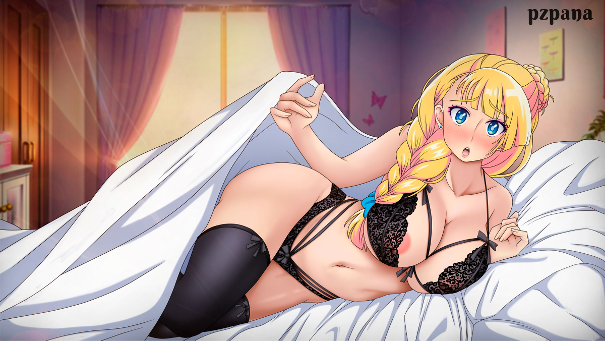 1girls, areola slip, asymmetrical hair, bed, bedroom setting, belly, belly button, black legwear, black lingerie, blonde hair, blue eyes, blush, braided hair, breasts, female, galko, inviting, inviting under covers, lace-trimmed bra, large breasts, lingerie, oshiete! galko-chan, pzpana, ribbons, stockings, wide hips