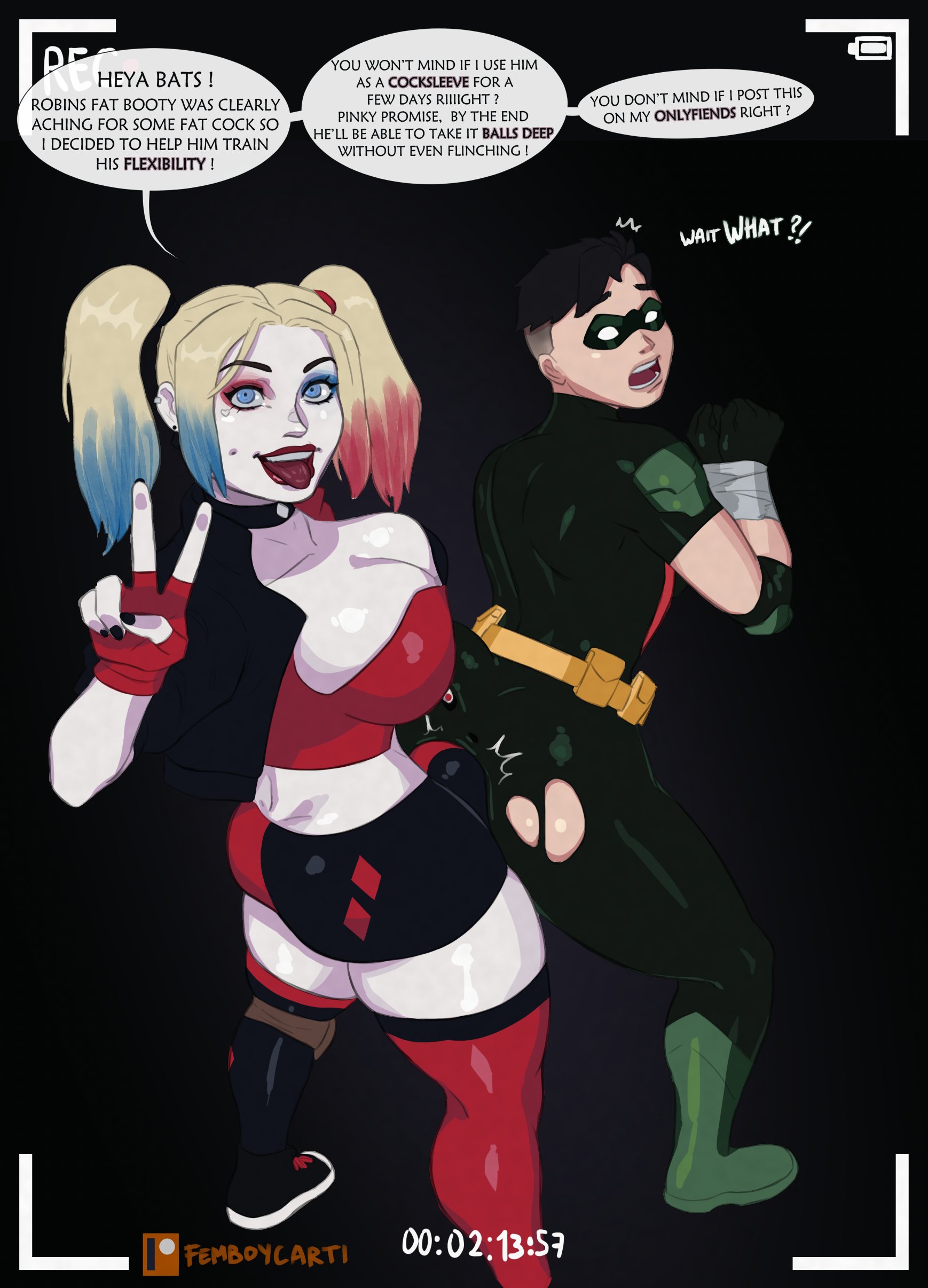 1boy, 1futa, back, back view, batman (series), blonde hair, bodysuit, bound wrists, breasts, bulge, clothed, clothing, cropped jacket, dc, dc comics, dialogue, duo, english text, erect nipples under clothes, eyeliner, femboycarti, fully clothed, futa on male, futadom, futadom caption, futanari, harley quinn, human, imminent rape, intersex, large breasts, leaning forward, light skin, light-skinned male, looking back, male, multicolored clothes, penis, questionable consent, robin (dc), robin (tim drake), speech bubble, standing, surprised, tagme, taped arms, text, thighhighs, tim drake, tongue, tongue out, twintails, v, white skin