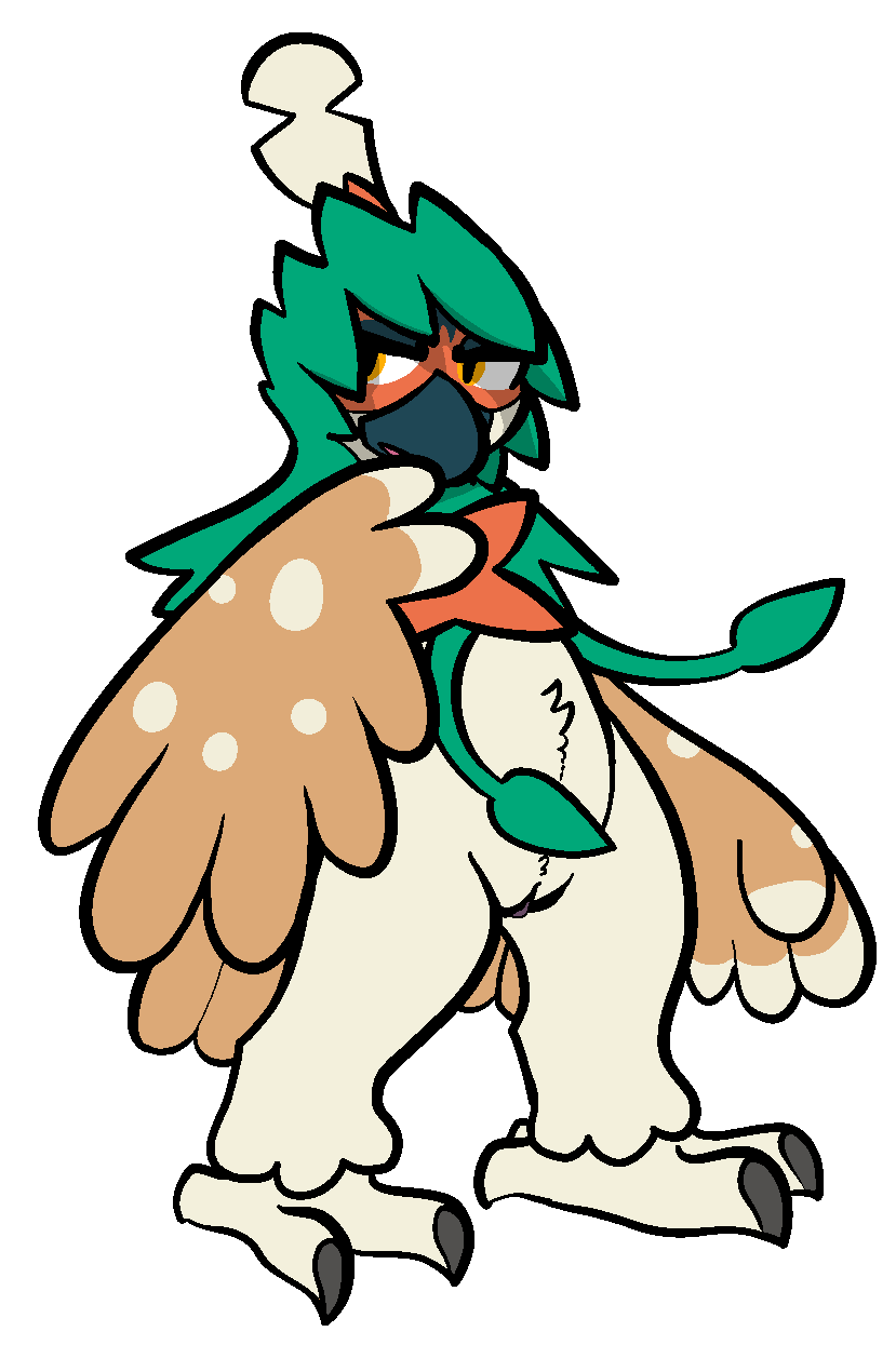 anthro avian beak bird decidueye feathers female generation_7_pokemon genitals hi_res nintendo pokémon_(species) pokemon pokemon_(species) pussy solo standing trout_(artist) video_games wings