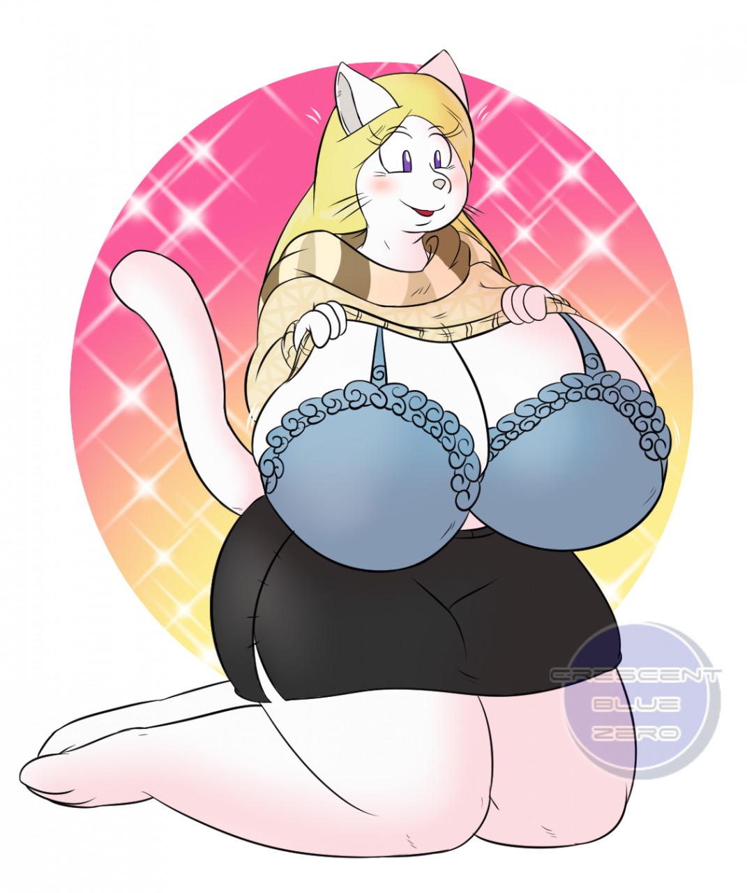 1girls anthro ass blonde_hair blush blush bra breast cleavage crescent-blue-zero feline feline feline_humanoid female female_focus female_only furry hips large_ass large_breasts mary_(mr-snacks) on_knees purple_eyes skirt sweater sweater_lift thick_thighs thighs white_fur wide_hips