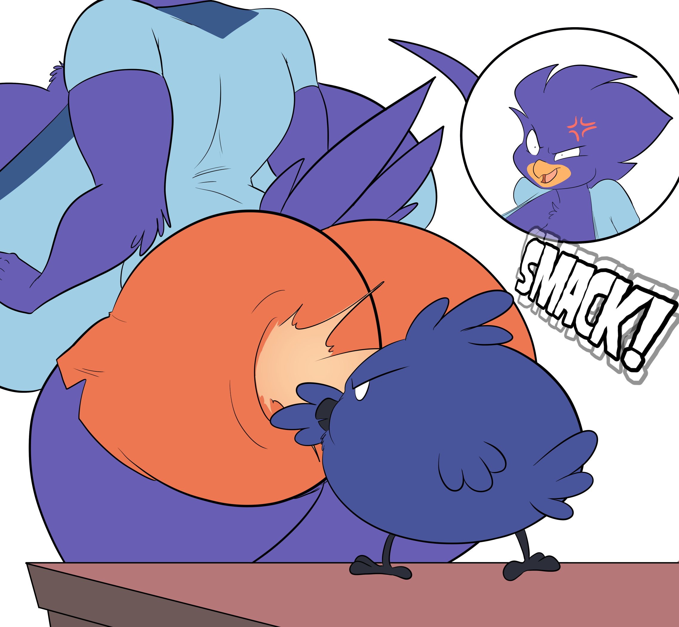 2022, ambiguous gender, anger vein, anthro, ass, ass slap, avian, beak, big ass, big breasts, big butt, bird, black beak, blue body, blue feathers, bottomwear, breasts, busty bird, butt slap, clothing, corvid, corvus (genus), cross-popping vein, crow, duo, feathers, female, female focus, hi res, huge breasts, hyper, hyper breasts, jaeh, male, orange beak, original, original character, original characters, oscine, passerine, shirt, shorts, slap, tail feathers, topwear