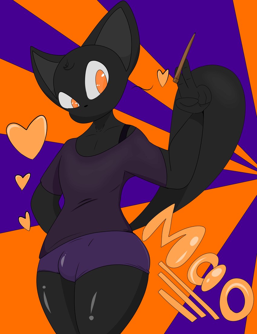 2022 absurd_res alpog21_(artist) anthro black_body black_ears black_legs black_nose black_tail bottomwear bulge clothed clothing digital_media_(artwork) domestic_cat ears_up felid feline felis heart hi_res looking_at_object male mammal mao_(alpog21) orange_eyes purple_bottomwear purple_clothing purple_shirt purple_shorts purple_topwear raised_arm raised_tail shirt shorts simple_background solo standing stick thick_tail topwear