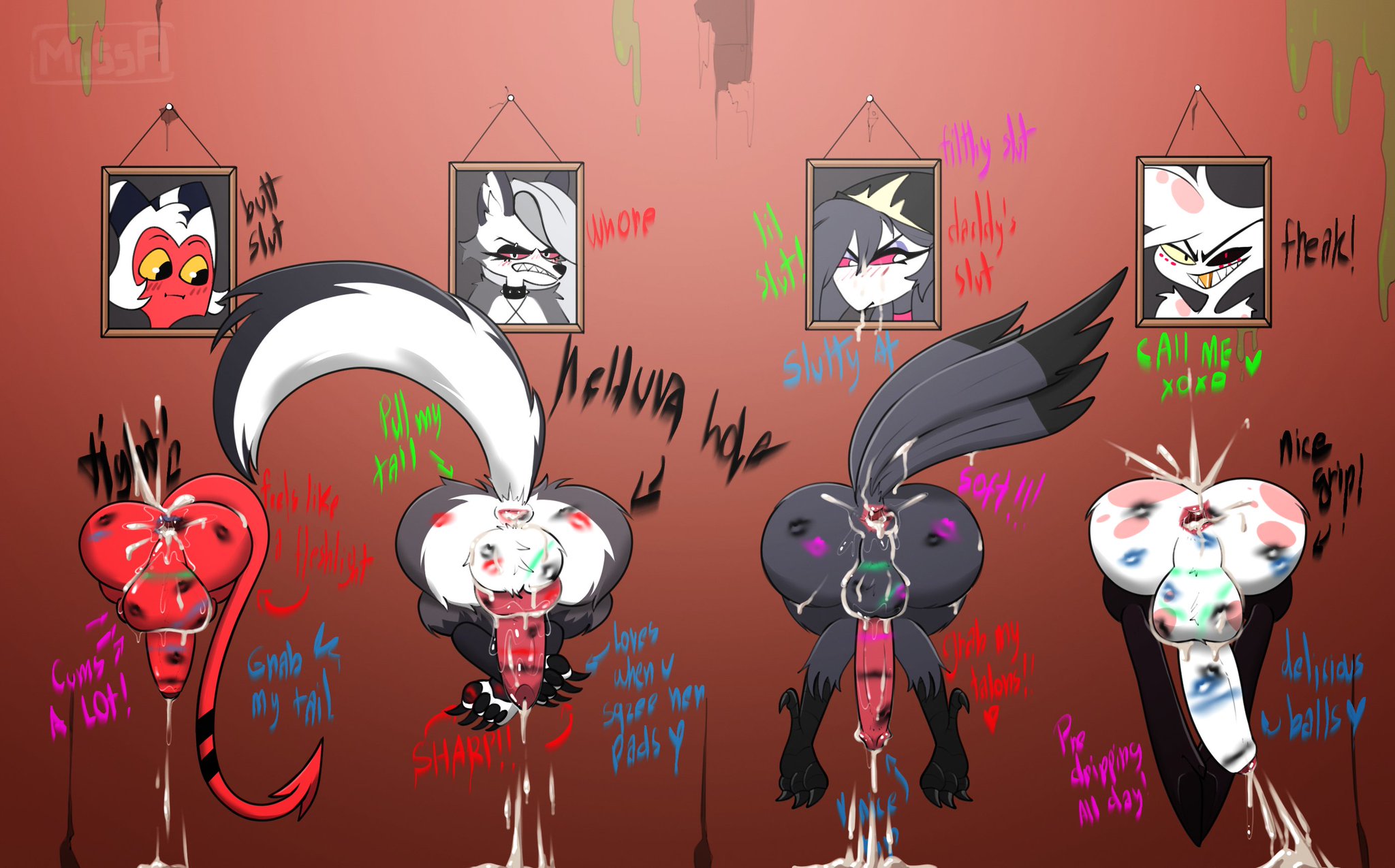 2boys, 2futas, angel dust (hazbin hotel), animal ears, animal genitalia, animal penis, anthro, anus, ass, avian, balls, canid, canine, canine penis, canis, cum, cum on ass, demon, demon boy, demon futa, demon tail, dog penis, feathers, femboy, furry, futanari, girly, glory wall, hazbin hotel, hellhound, helluva boss, huge balls, huge cock, humanoid, imp, impmussa, intersex, kiss mark, knot, lipstick, lipstick mark, lipstick on anus, lipstick on ass, lipstick on balls, lipstick on penis, loona (helluva boss), makeup, male, mammal, moxxie (helluva boss), mythological canine, mythological creature, mythology, octavia (helluva boss), owl, penis, photo, picture, picture on wall, portrait, precum, rainbow party, rear view, spider, stuck, stuck in wall, tail, tail feathers, through wall, toe claws, wolf, wolf ears, wolf futa, wolf tail