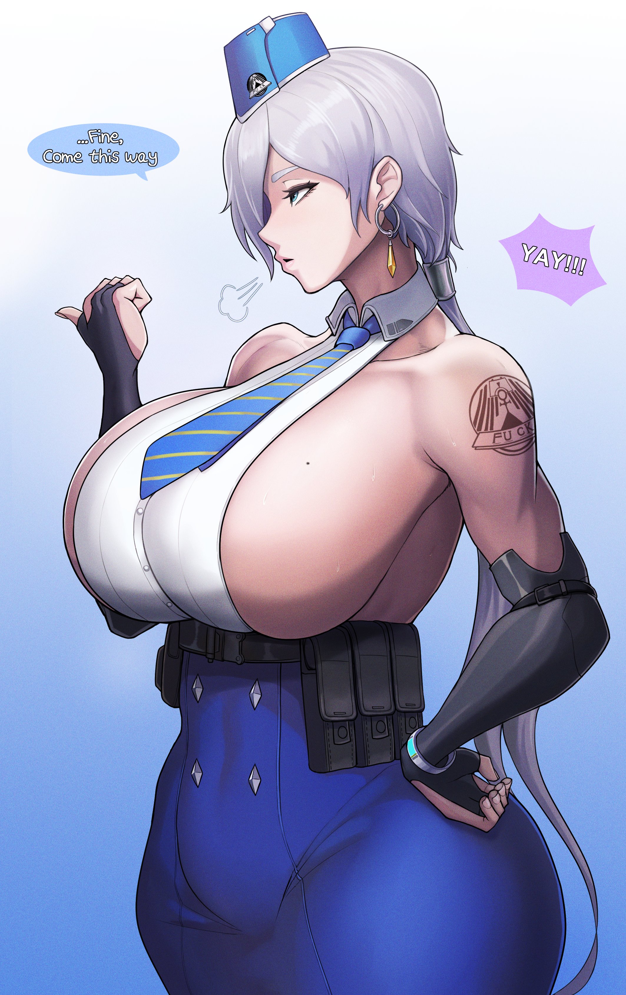 1girls, ass, breasts, brid (nikke), dialogue, female, female only, goddess of victory: nikke, huge ass, huge breasts, human, kingbang, mole, mole on breast, overflowing breasts, png version available, revealing clothes, skindentation, solo, solo female, standing, tattoo, text, tight clothing, voluptuous, white hair