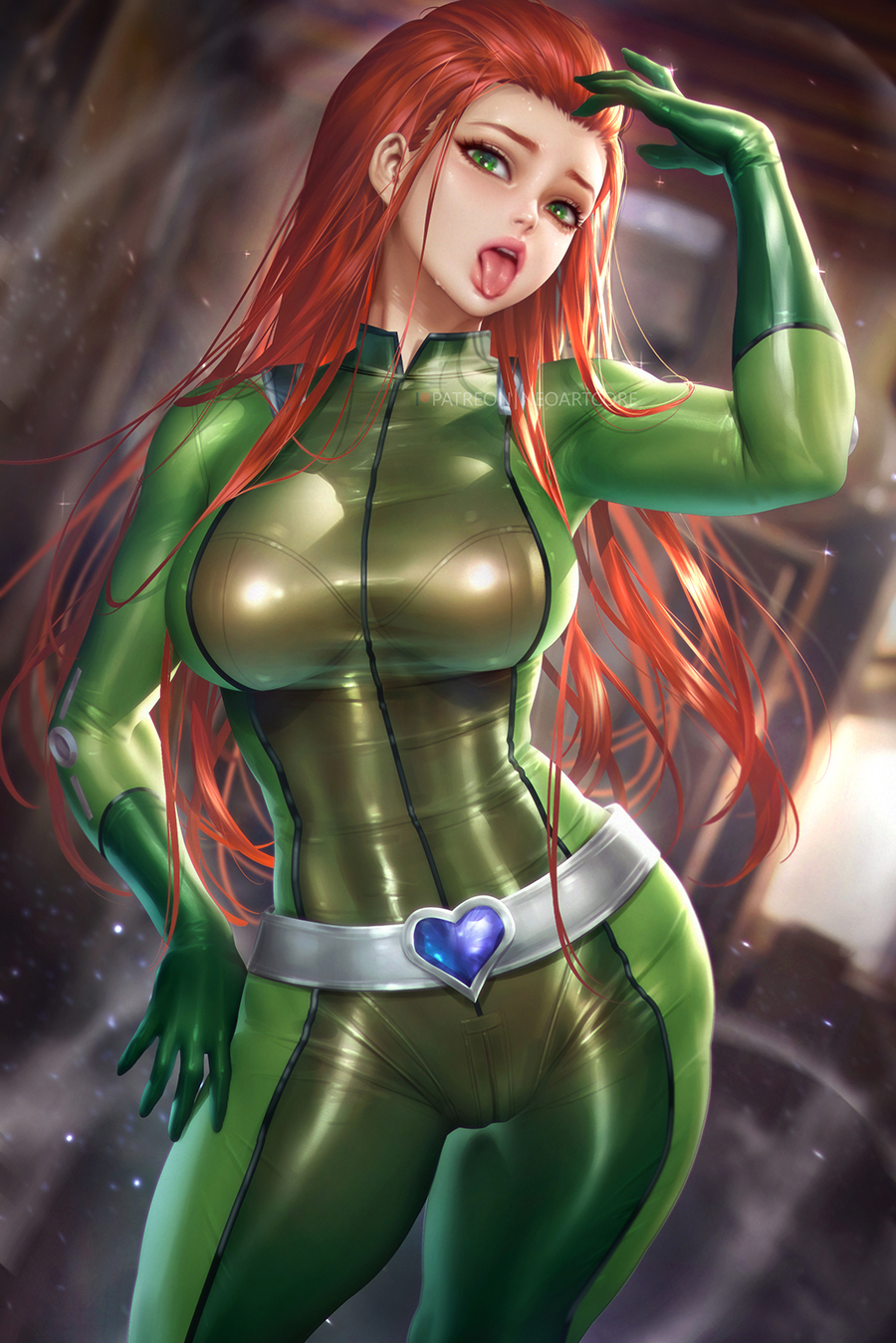 1girls, armpits, ass, bodysuit, bra, breasts, cameltoe, female, green bodysuit, green eyes, hand on hip, hi res, highres, jpeg, large ass, large breasts, long hair, looking at viewer, neoartcore, pussy, red hair, sam (totally spies), see-through, see-through clothing, solo, sweat, thick thighs, tight clothing, tongue, tongue out, totally spies, wide hips