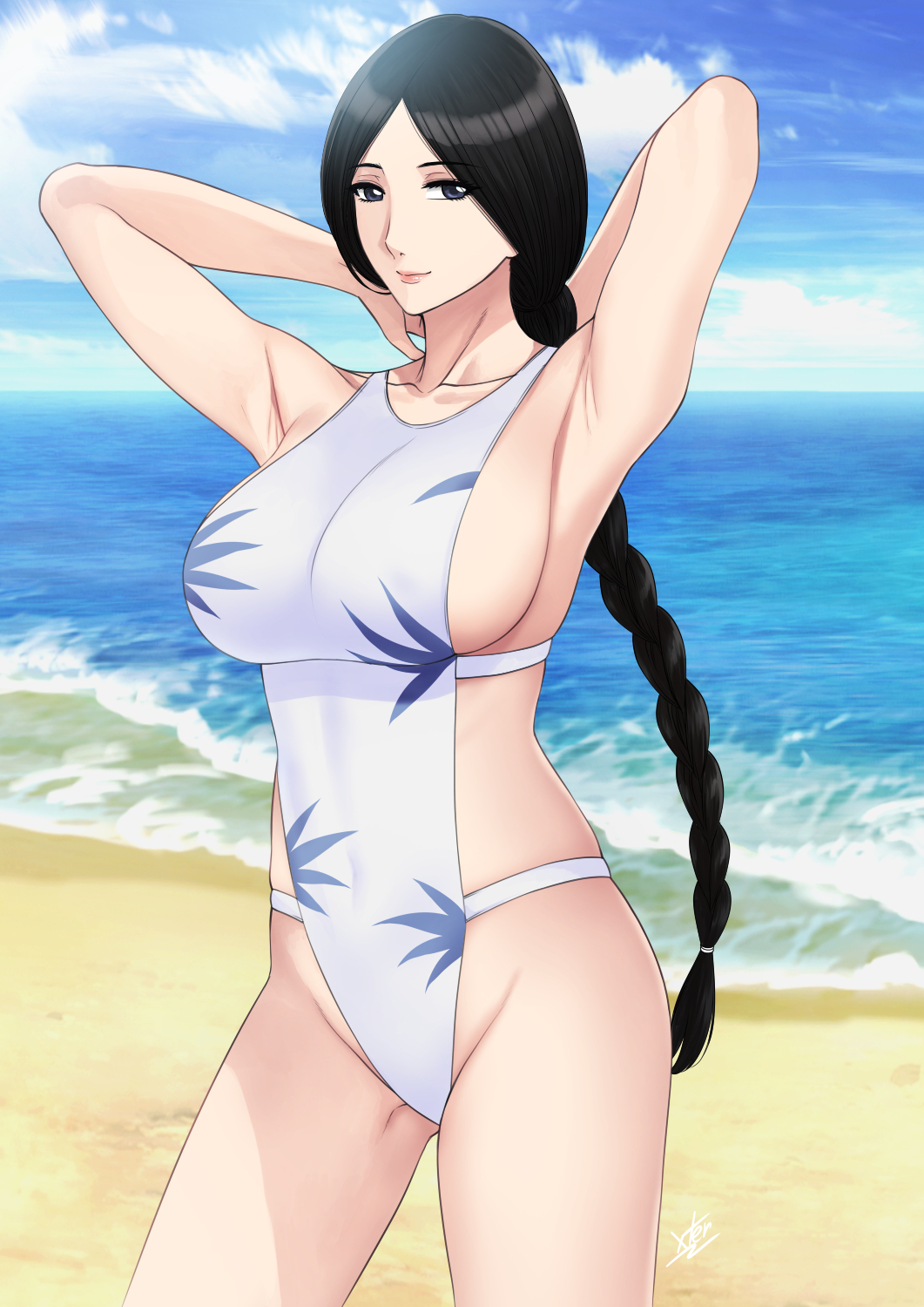 1girls, armpits, arms behind head, arms up, beach, black eyes, black hair, bleach, blue sky, braid, braided ponytail, breasts, closed mouth, cloud, female, floral print, highres, large breasts, light smile, long hair, mature, mature female, milf, ocean, one-piece swimsuit, sand, seductive, seductive smile, sensual, sexy armpits, sideboob, sky, smile, solo, swimsuit, unohana retsu, very long hair, voluptuous, xtermination