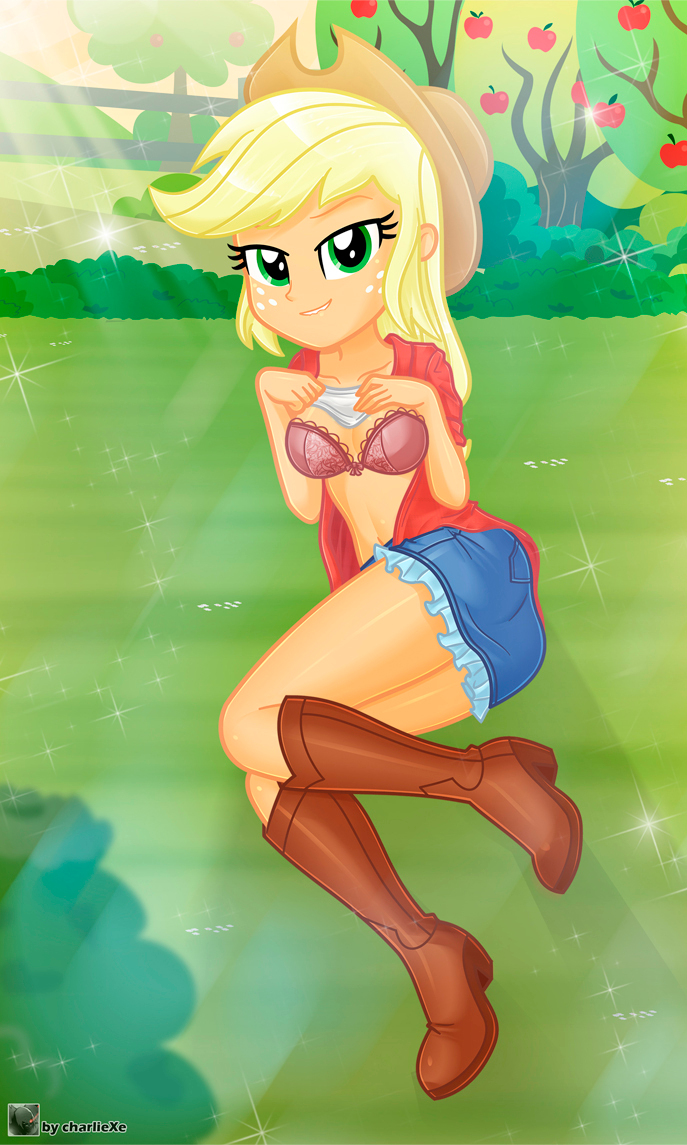 1girls applejack_(eg) applejack_(mlp) bra breasts charliexe equestria_girls female female_only freckles friendship_is_magic hasbro holding_panties my_little_pony navel open_shirt short_skirt solo solo_female teasing underwear