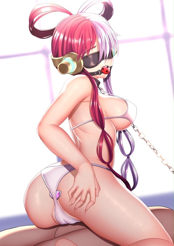 1girls anal ass_focus ball_gag bikini bikini_over_buttplug blindfold bondage buttplug buttplug_under_panties chains collar female female_only gag hand_on_ass heart_buttplug hexelica jewel_buttplug multicolored_hair one_piece red_hair thong_over_buttplug uta_(one_piece) white_hair