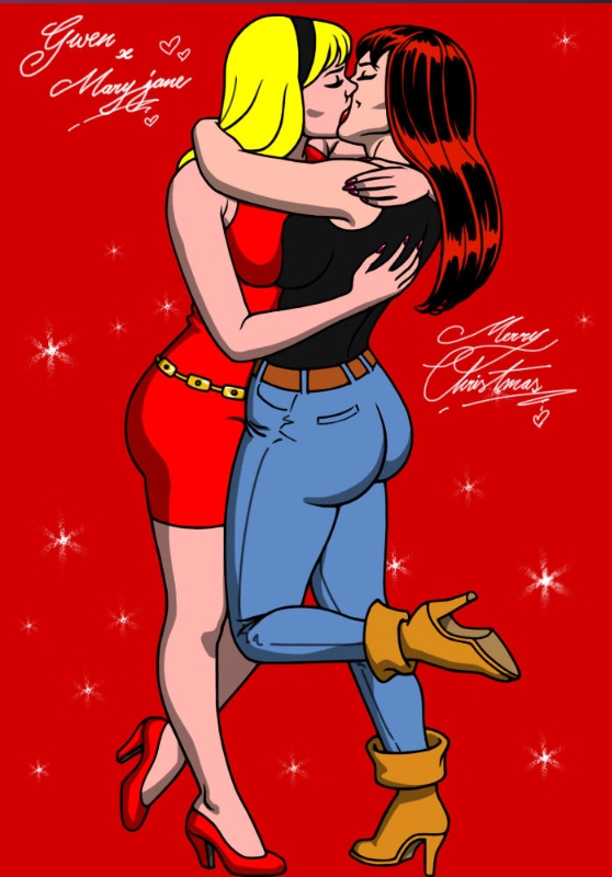 2girls, ass, big ass, big breasts, big butt, blonde hair, boots, breast press, breasts, couple, fat ass, fat cheeks, female, female only, female/female, gwen stacy, gwen stacy (classic), hairband, headband, high heel boots, kaywest, kissing, lesbian kiss, light skin, light-skinned female, marvel, marvel classic era, marvel comics, mary jane watson, red hair, romantic, spider-man (series), yuri