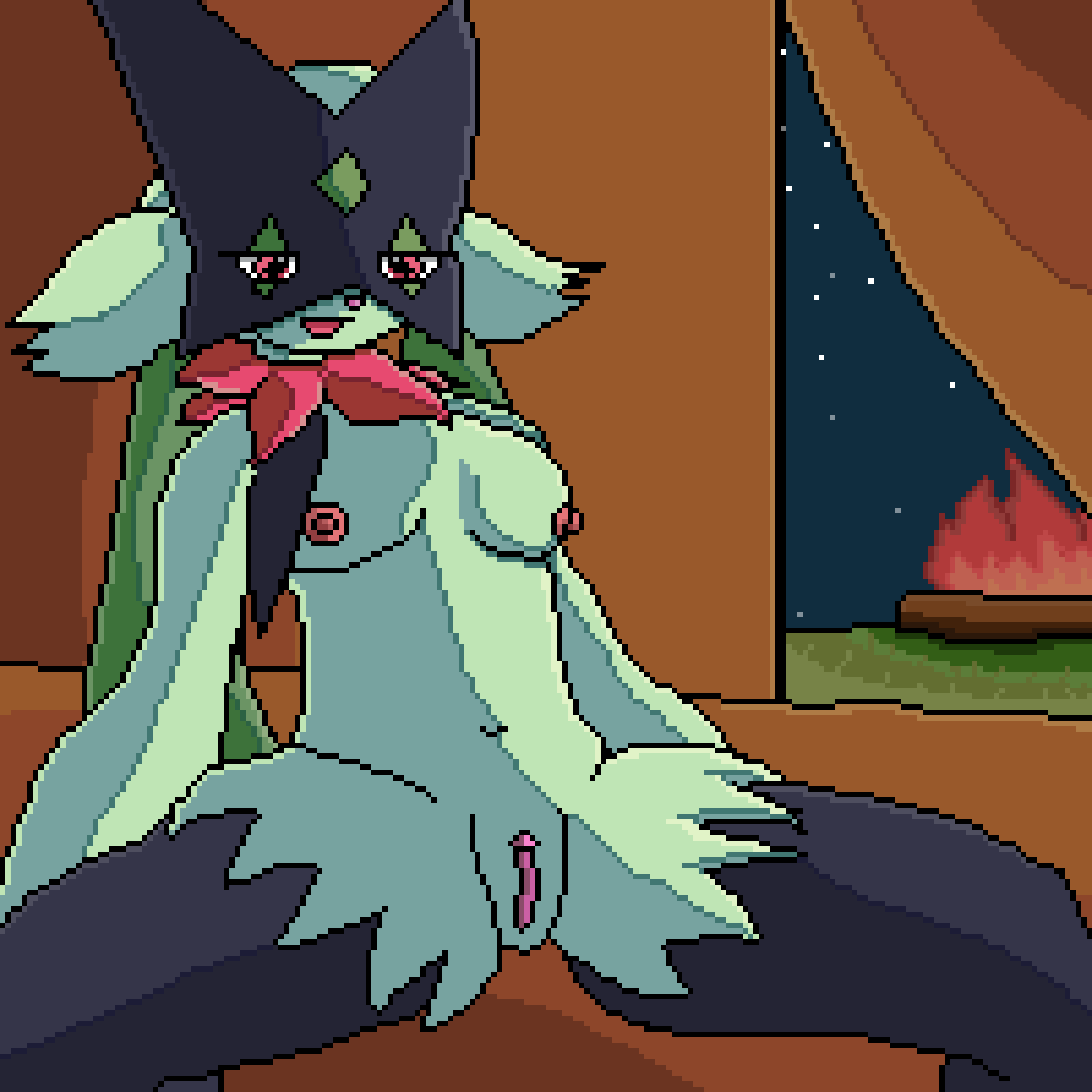 1:1 anthro biped black_body black_fur breasts closed_eyes digital_media_(artwork) elemental_creature felid feline female flora_fauna flower flower_creature fur generation_9_pokemon genitals grass green_body green_fur hi_res lawealewd mammal mask meowscarada nintendo nipples nude open_mouth pink_eyes pink_nose pink_pussy pixel_(artwork) plant pokémon_(species) pokemon pokemon_(species) pokemon_sv pussy sky smile solo spreading video_games