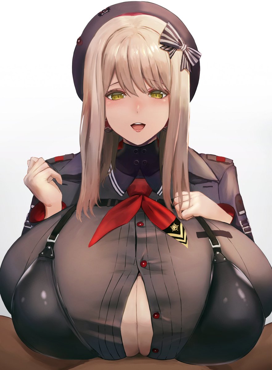 1boy 1girls ascot beret blonde_hair breasts cleavage clothed clothed_female_nude_male dark-skinned_male dark_skin emma_(nikke) goddess_of_victory:_nikke hair_ornament hair_ribbon huge_breasts implied_paizuri light-skinned_female light_skin military military_uniform mouth_open murasaki_nami overflowing_breasts paizuri paizuri_under_clothes pov smile submissive_pose unbuttoned unbuttoned_shirt