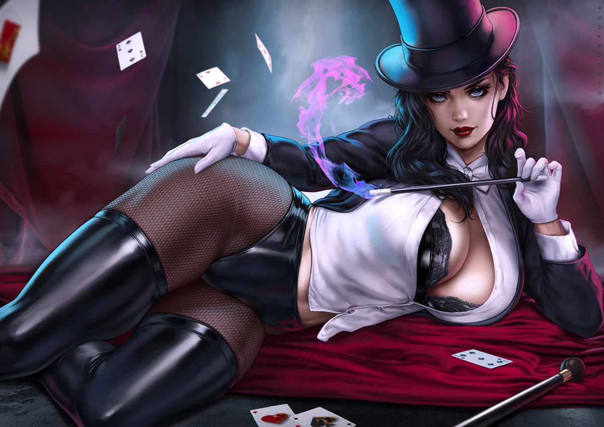 1girls, 2022, black boots, black hair, black panties, clothed female, clothes, curvy figure, dandon fuga, dc, dc comics, erotic costume, female, highres, justice league, latex boots, latex panties, long hair, looking at viewer, magic user, magical girl, voluptuous, voluptuous female, zatanna, zatanna zatara