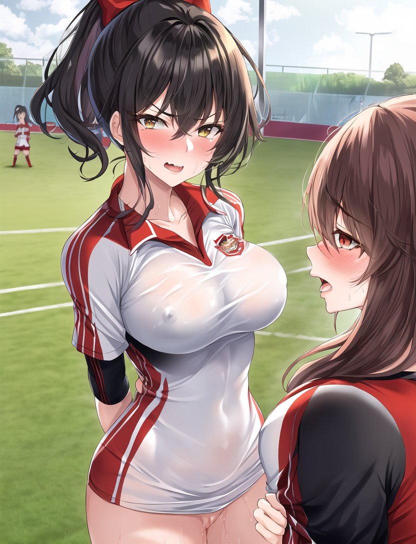 3girls, ai generated, big breasts, black hair, breasts, curvaceous, curvy female, curvy figure, erect nipples, female, female only, high resolution, looking at viewer, multiple females, multiple girls, nai diffusion, nipple bulge, nipples, nipples visible through clothing, original character, original characters, outdoors, ponytail, red hair, stable diffusion, voluptuous, voluptuous female