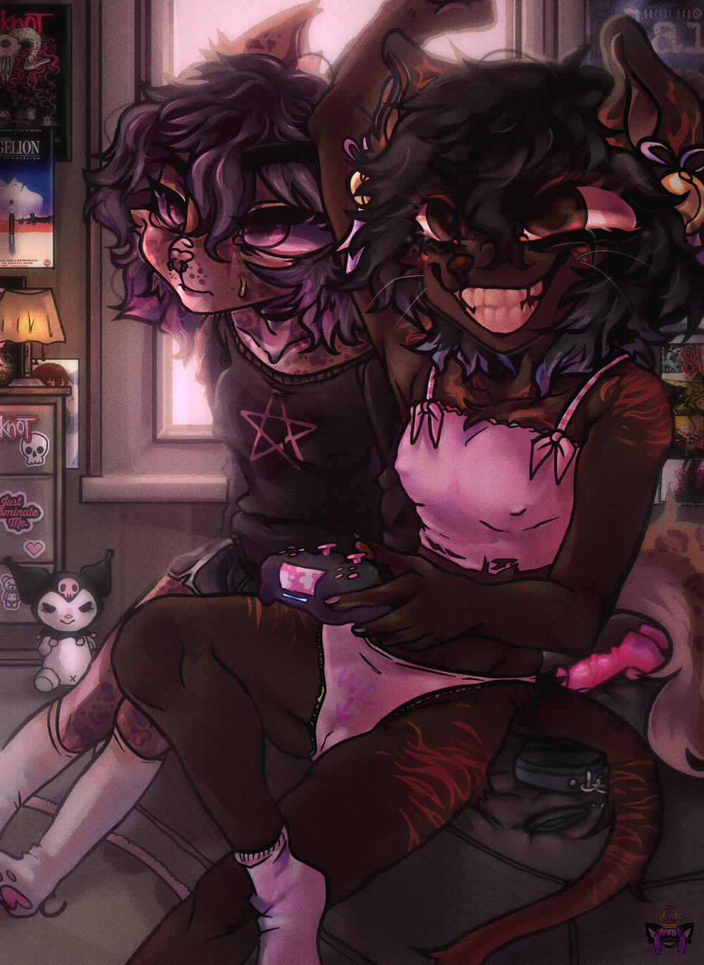 2girls after_sex background commission commissioner_upload furry furry_female furry_only gamer_girl gaming gaming_controller karmierules kuromi_plush leash nipple_bulge nipples_visible_through_clothing pajamas panties pentagram pentagram_top room roommates safe_for_work sex_toy sitting_on_bed sweater underwear