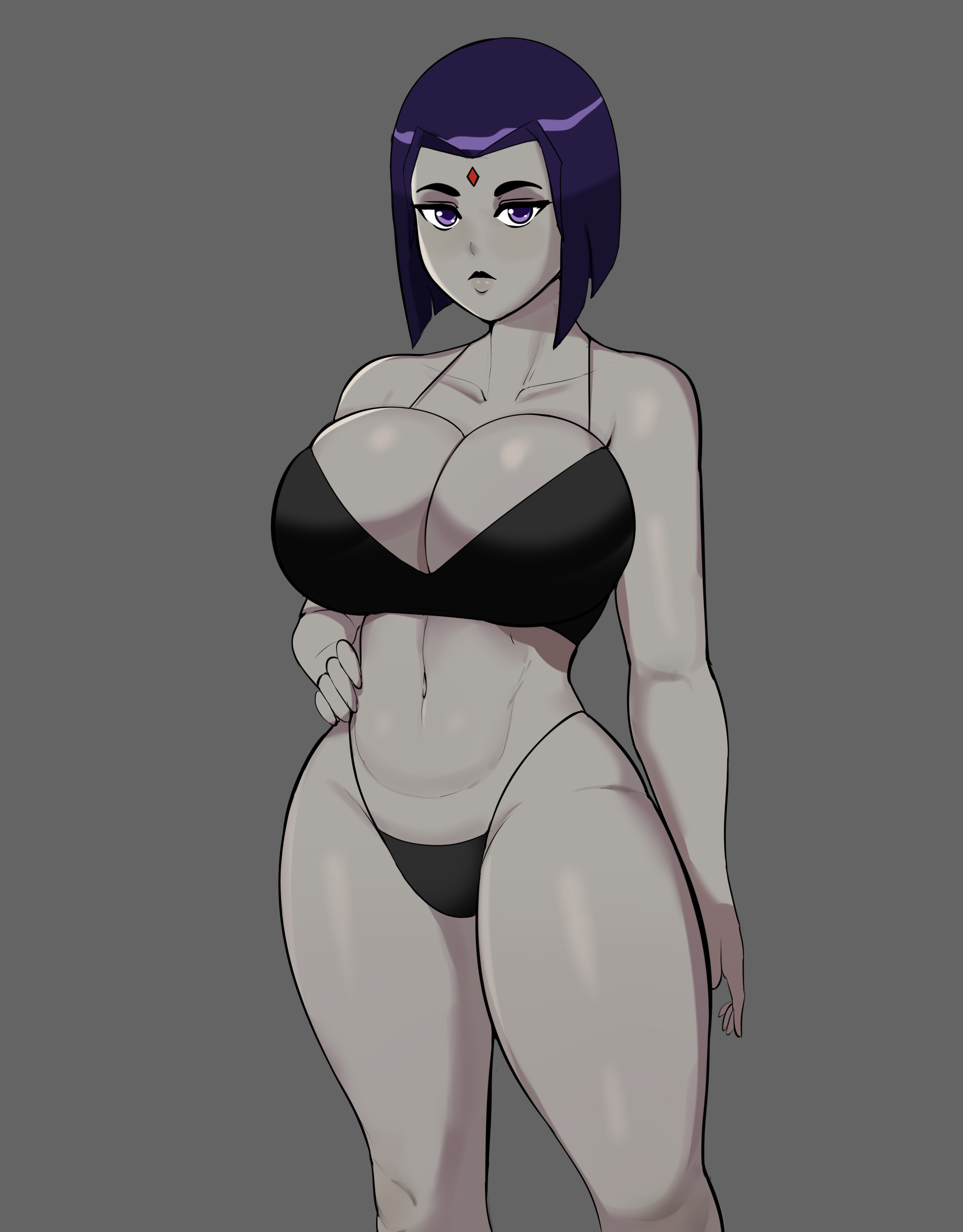 1girls, bare shoulders, big breasts, bikini, bikini bottom, bikini top, bra, breasts, cartoon network, cleavage, dc, dc comics, female, female only, forehead jewel, g3mma, grey background, grey body, hand on hip, large breasts, looking at viewer, navel, panties, purple eyes, purple hair, rachel roth, raven (dc), short hair, simple background, solo, solo female, teen titans, thick thighs, voluptuous, wide hips