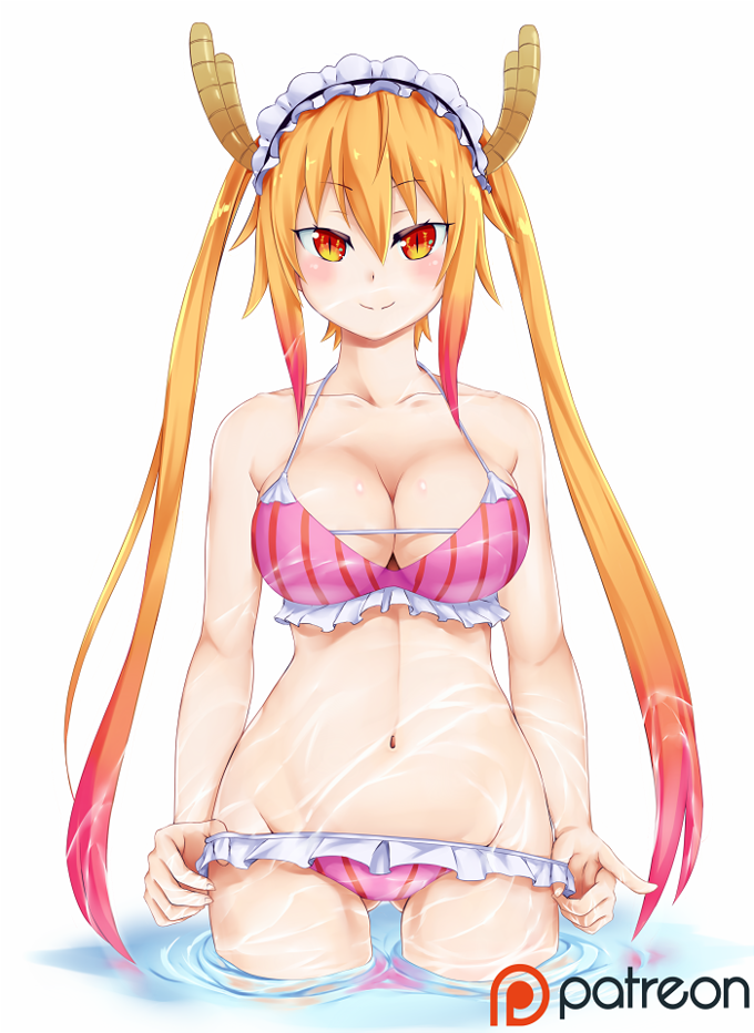 1girls big_breasts bikini blonde_hair bonnet breasts front_view horns looking_at_viewer maid_headdress miss_kobayashi's_dragon_maid orange_eyes pink_swimsuit pink_swimwear red_eyes removing_clothing removing_panties removing_swimsuit rixch simple_background swimsuit tohru_(dragon_maid) twintails water wet white_background