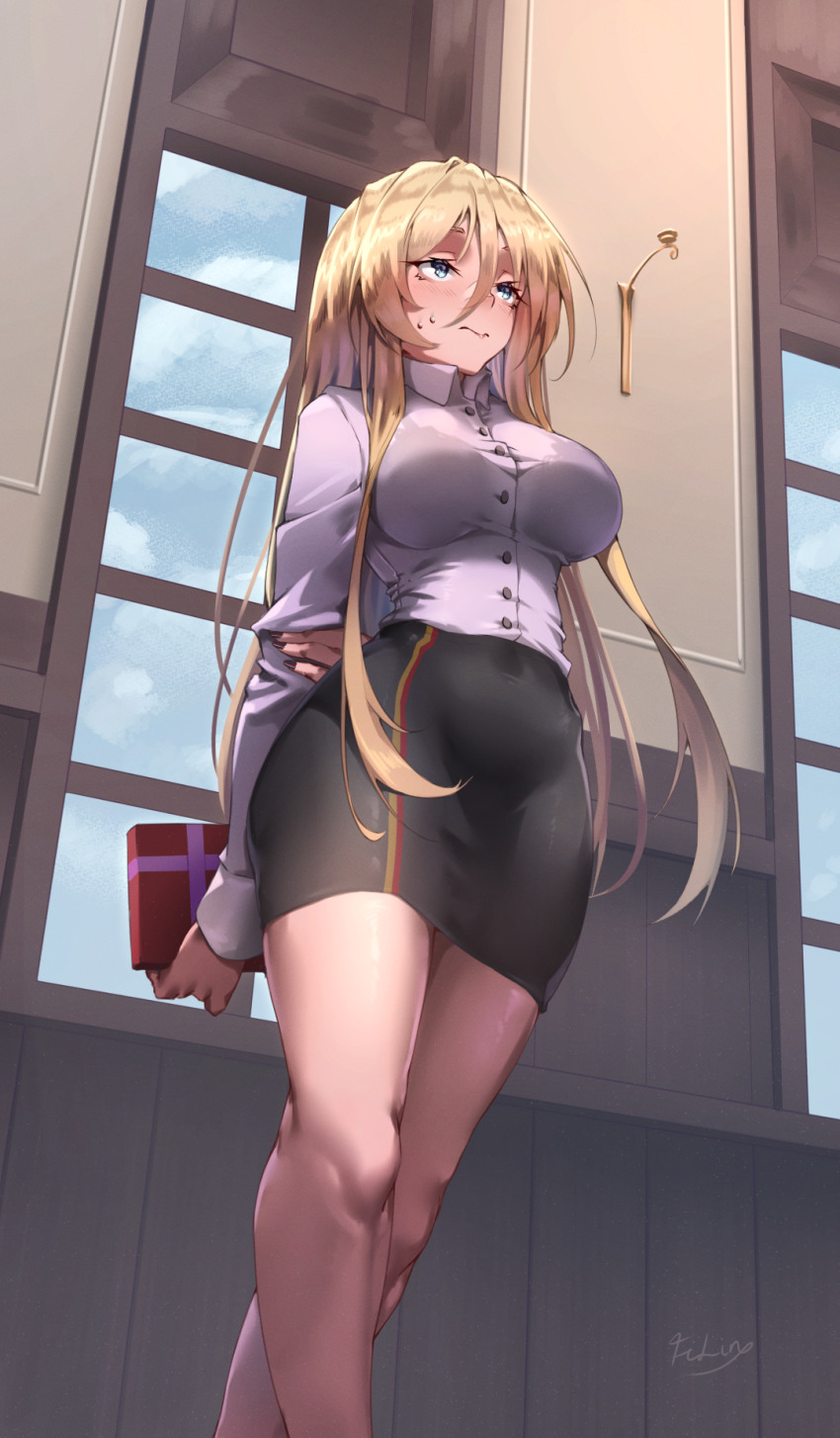 1girls, arms behind back, azur lane, big breasts, bismarck (azur lane), black bra, blonde hair, blue eyes, blush, bra visible through clothes, breasts, female, female only, iron blood (azur lane), legs, light skin, light-skinned female, moonfilin (filinishsche), skirt, solo, tagme
