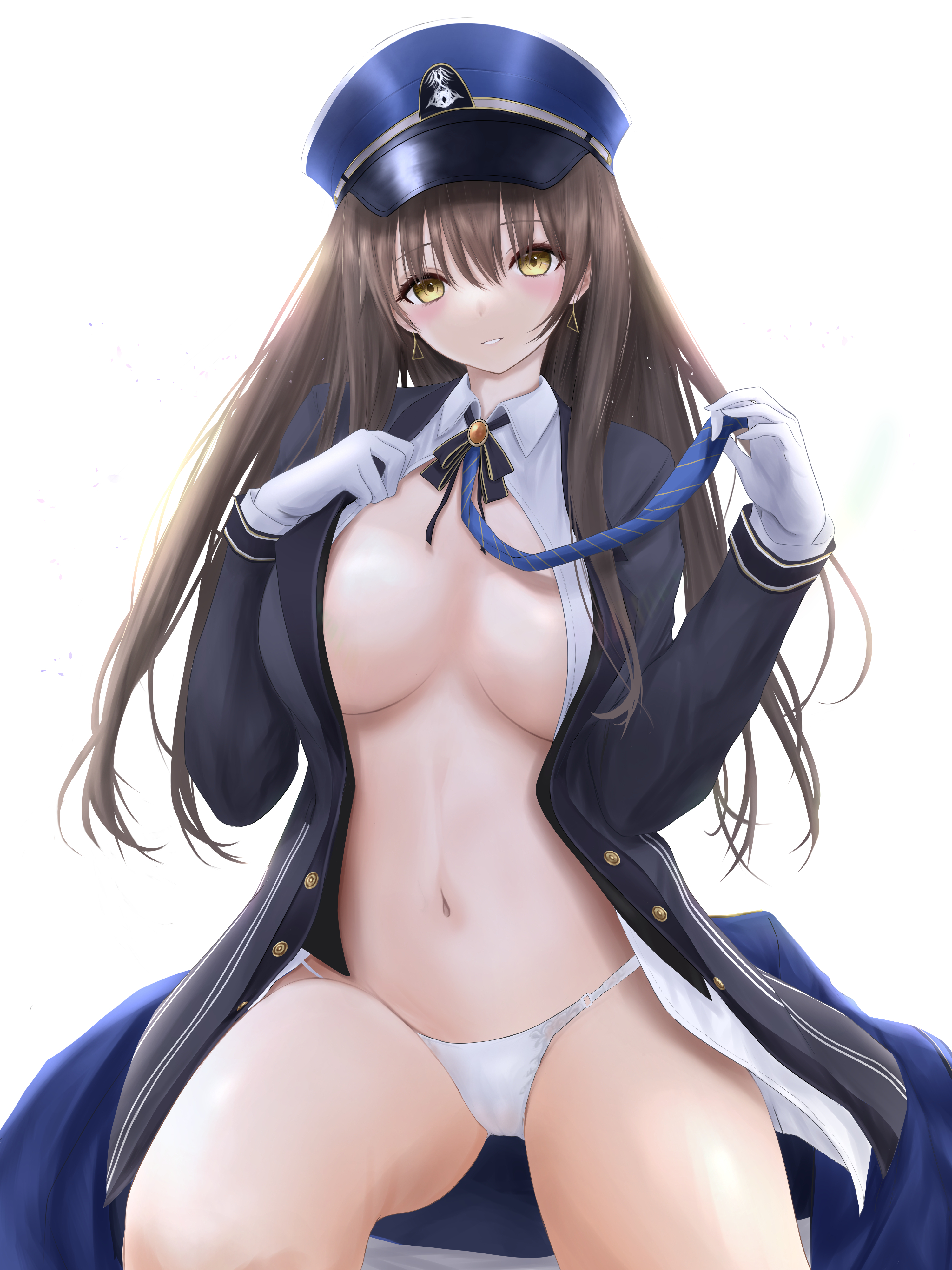 1girls, bangs, blush, breasts, brown eyes, brown hair, coat, diesel (nikke), earrings, female, gloves, goddess of victory: nikke, jacket, large breasts, light skin, light-skinned female, long hair, military, military hat, military uniform, navel, necktie, no bra, noa (skae3323), open clothes, panties, shirt, sidelocks, white gloves, white panties, white shirt