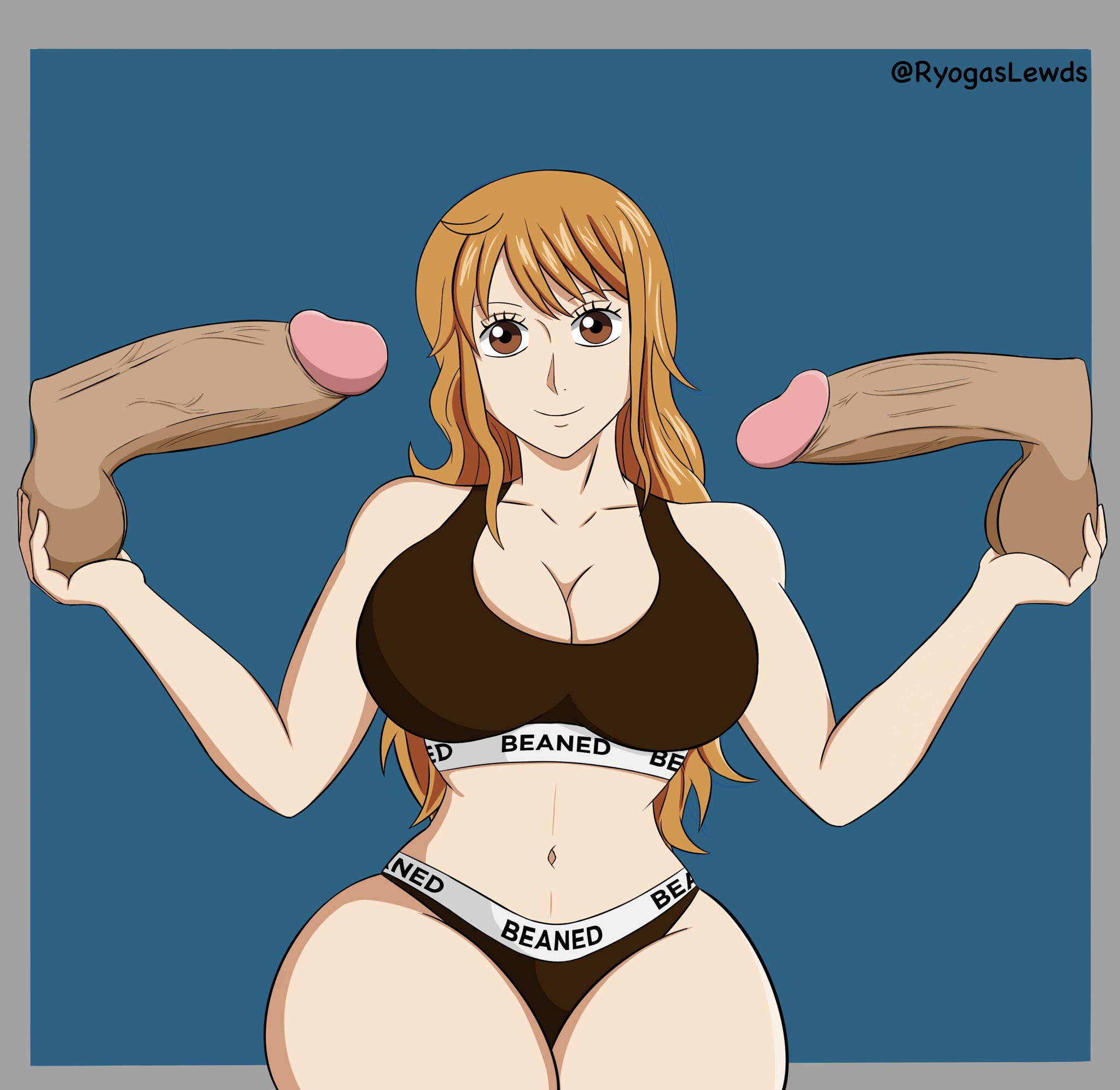 1girls, 2boys, balls, beaned clothing, blc, bronzed, female, holding balls, imminent sex, interracial, male, nami (one piece), one piece, penis, raceplay, red hair, ryogaslewds, smile