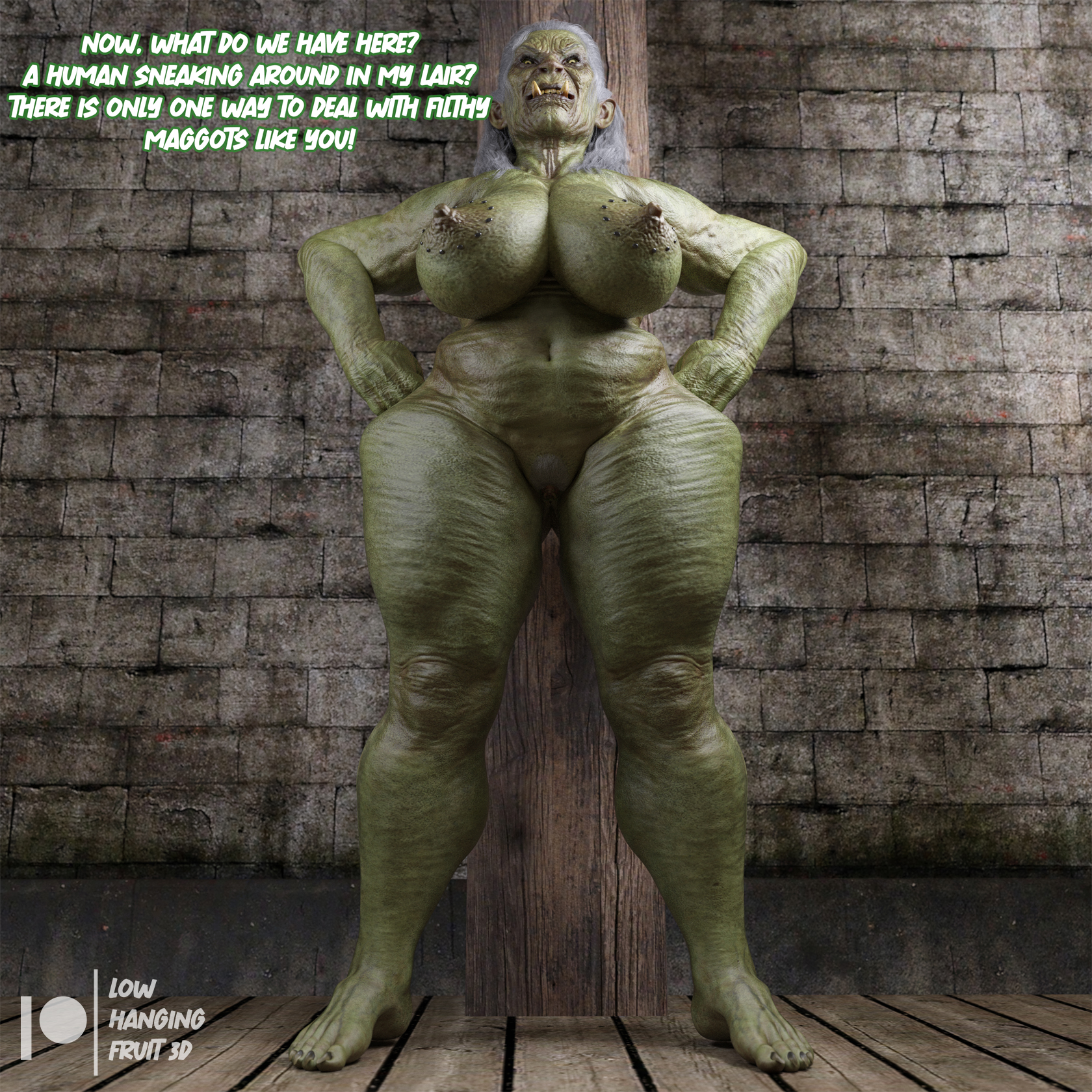 3d, 3d (artwork), ass, belly, big breasts, big nipples, breasts, daz 3d, daz studio, daz3d, dialogue, dominant female, evil grin, evil smile, feet, female, green skin, hand on hip, large breasts, lowhangingfruit3d (artist), mature female, muscles, muscular, muscular female, muscular thighs, nipple piercing, nipples, nude, old, older female, orc, orc female, piercing, pointy ears, pov, pussy, rape face, smiling, smiling at viewer, thick ass, thick thighs, toe claws, vulta (lhf3d), watermark