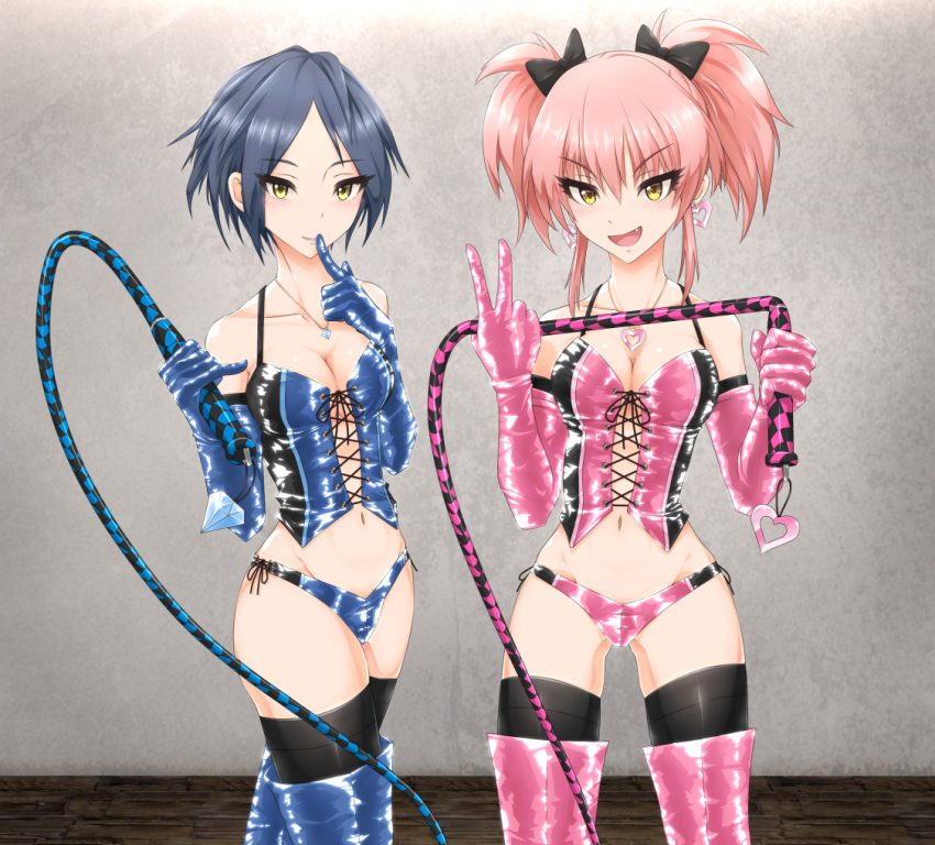 2girls blue_boots blue_corset blue_gloves blue_hair blue_panties blue_whip bow_in_hair breasts corset cross_section diamond_necklace dominatrix earrings gloves hayami_kanade heart_earrings heart_necklace idolmaster idolmaster_cinderella_girls jougasaki_mika latex latex_boots latex_corset latex_gloves latex_panties looking_at_viewer medium_breasts midriff multiple_girls navel necklace nm_(tshell2761) panties pink_boots pink_corset pink_gloves pink_hair pink_panties pink_whip short_hair side-tie_panties stone_wall thigh_boots thighhigh_boots thighhighs twintails whip wooden_floor yellow_eyes