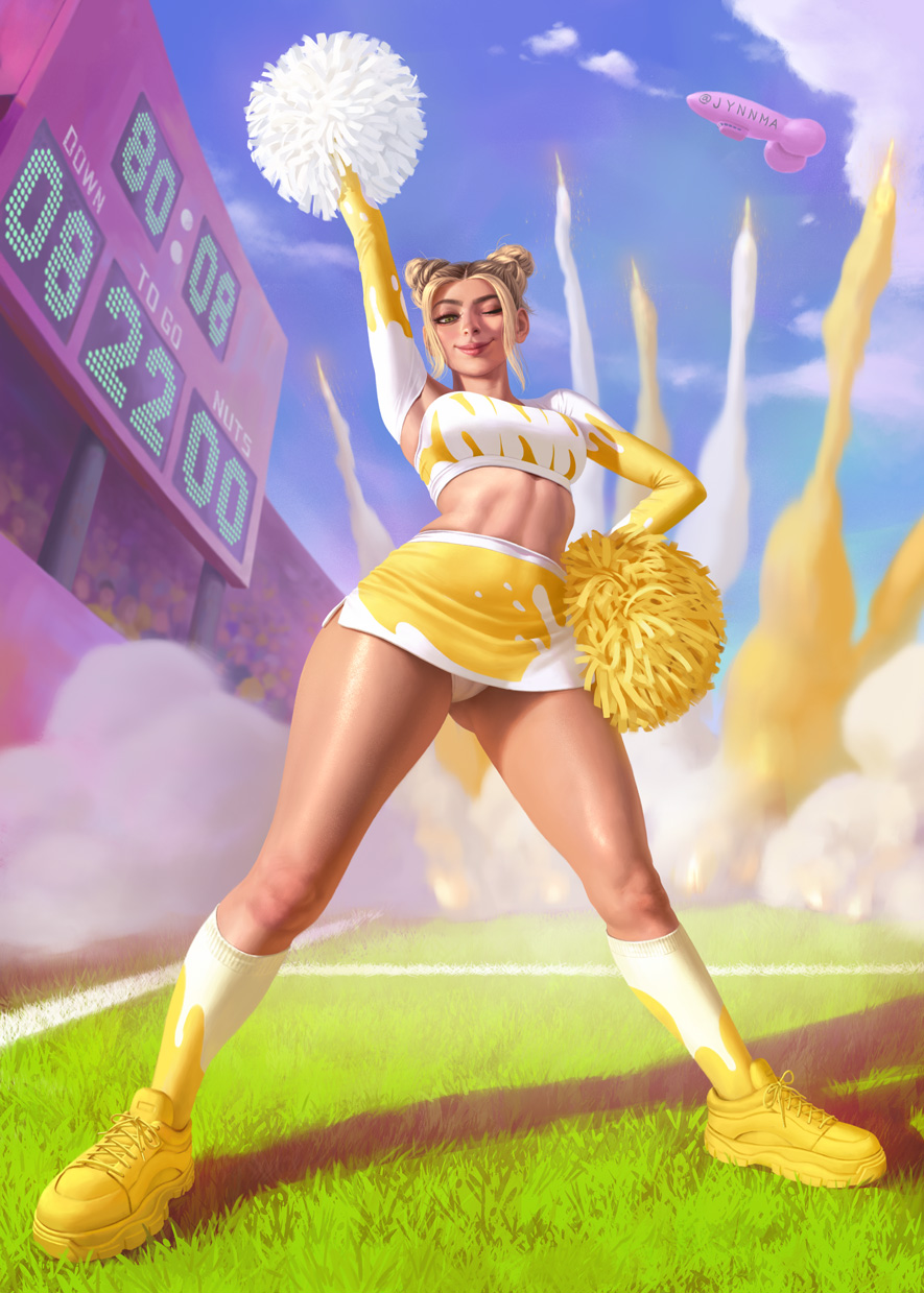 1girls 2021 abs blonde_female blonde_hair cheerleader cheerleader_uniform clothed clothing crowd detached_sleeves female female_only fireworks full_body hair_bun hair_buns jynnma kneesocks looking_at_viewer low-angle_view no_nut_november oc original original_character panties penis-shaped_object phallic phallic_symbol pom_pom_(cheerleading) pom_poms pose scoreboard skirt smile smiling_at_viewer sneakers socks solo sports_bra stadium standing thick_thighs thighs toned toned_body toned_female toned_stomach upskirt viewed_from_below white_panties wink winking_at_viewer yellow_shoes zeppelin