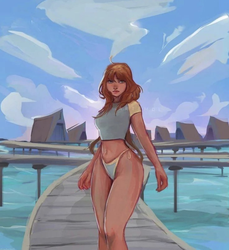 1girl 1girls artemdl bikini_bottom bloom_(winx_club) blue_eyes blue_top clouds docks hourglass_figure human long_hair rainbow_(animation_studio) red_hair sea solo solo_female tagme thick_thighs wide_hips winx_club