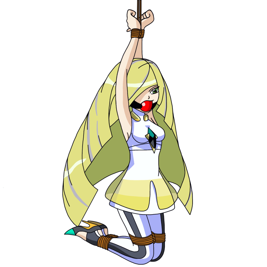 1girls arms_above_head ball_gag blonde_hair bondage breasts dress gag gagged green_eyes hair_over_one_eye high_heels legs_tied long_hair lusamine_(pokemon) medium_breasts nintendo pants pokemon pokemon_sm rope rope_bondage thedankknight1 turtleneck_dress white_dress white_pants