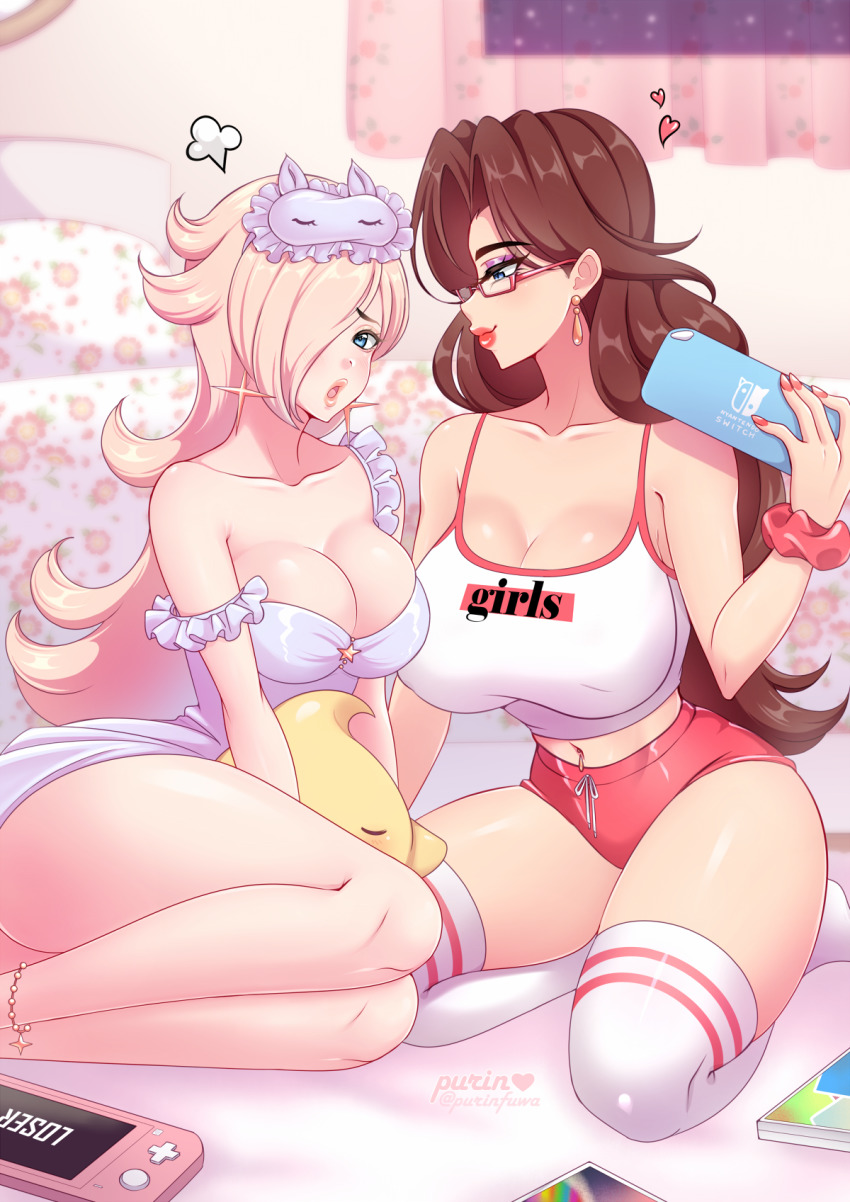 2girls ankle_bracelet bed big_breasts blonde_hair blue_eyes breasts brown_hair curtains curtains_closed earrings female female_only glasses hair_over_one_eye handheld_game_console kneeling large_breasts leaning long_hair luma mario_(series) midriff navel nightgown nintendo nintendo_switch nintendo_switch_lite on_bed pajamas pauline pillow princess_rosalina purinmallow red_shorts short_shorts shorts sleepover star_earrings tank_top thighhighs white_tank_top wrist_scrunchie yuri