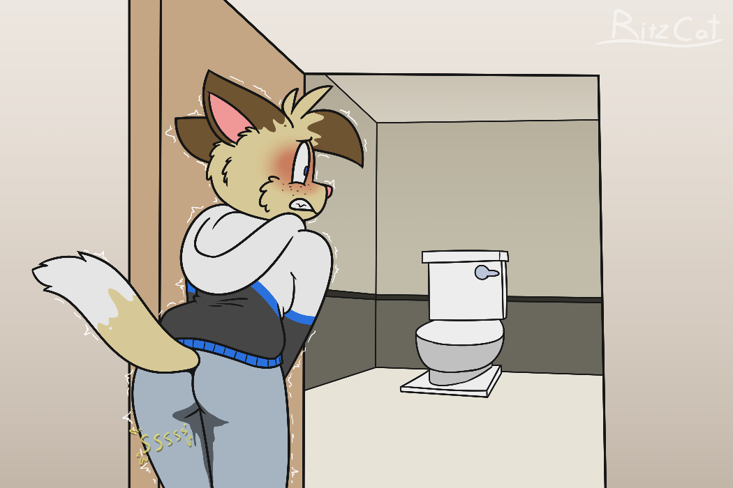 anthro bodily_fluids door genital_fluids holding_crotch humanoid inside male male_only omorashi ritz_(ritzcat) ritzcat shaking solo toilet trembling urine wetting