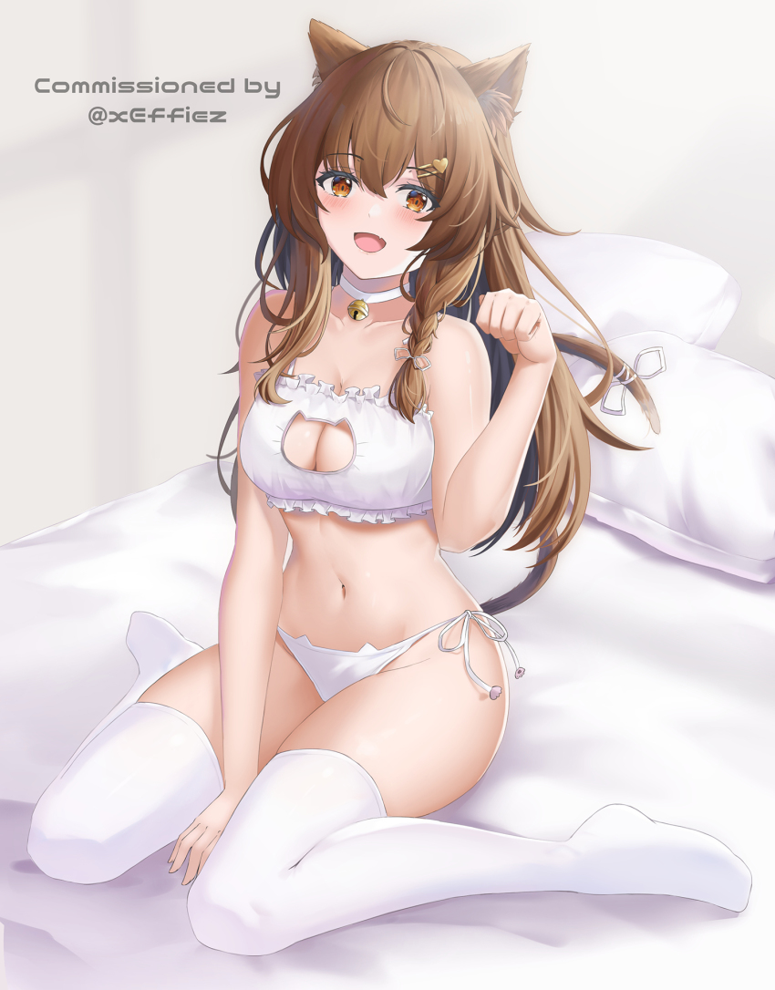 1girls arikawa_rui bed bell bell_choker bell_collar bra breasts brown_eyes brown_hair cat_bell cat_ears cat_keyhole_bra cat_keyhole_lingerie cat_lingerie cat_tail catgirl choker cleavage_cutout hair_ornament large_breasts lingerie long_hair looking_at_viewer midriff navel on_bed original panties paw_pose pillow side-tie_panties thighhighs wariza white_bra white_lingerie white_panties