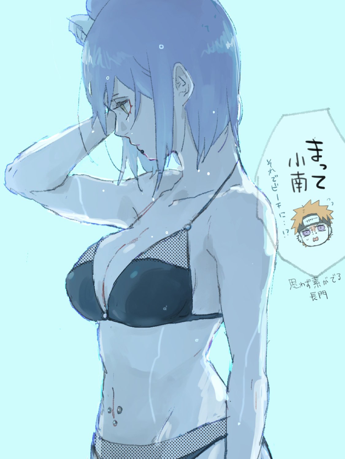 akatsuki_(naruto) bare_shoulders bikini black_bikini blue_hair breasts chibi chibi_inset cleavage eyeshadow female flower hair_flower hair_ornament halterneck hand_on_own_head highres konan labret_piercing large_breasts makeup meitarou naruto naruto_(series) naruto_shippuden navel navel_piercing pain_(naruto) piercing profile short_hair speech_bubble swimsuit upper_body wet yahiko