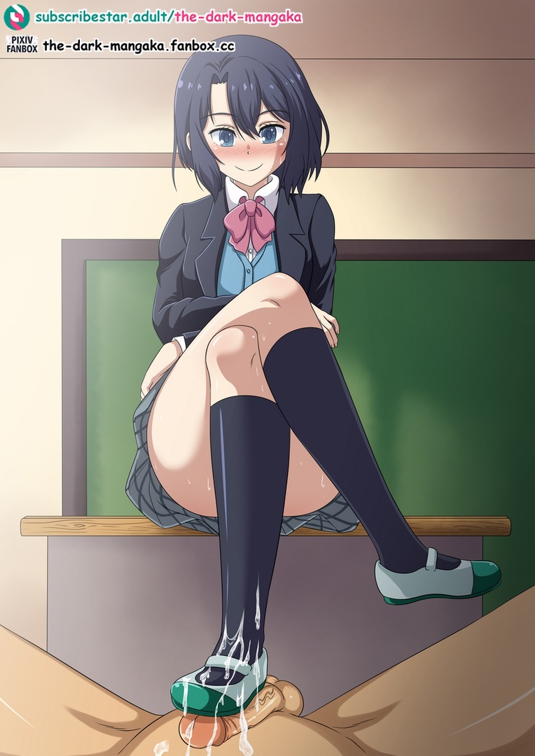 adachi_sakura adachi_to_shimamura blue_eyes blue_hair blush chalkboard clothed_female_nude_male cum cum_on_shoes desk duo female femdom footjob male penis school_uniform shoejob the_dark_mangaka uwabaki