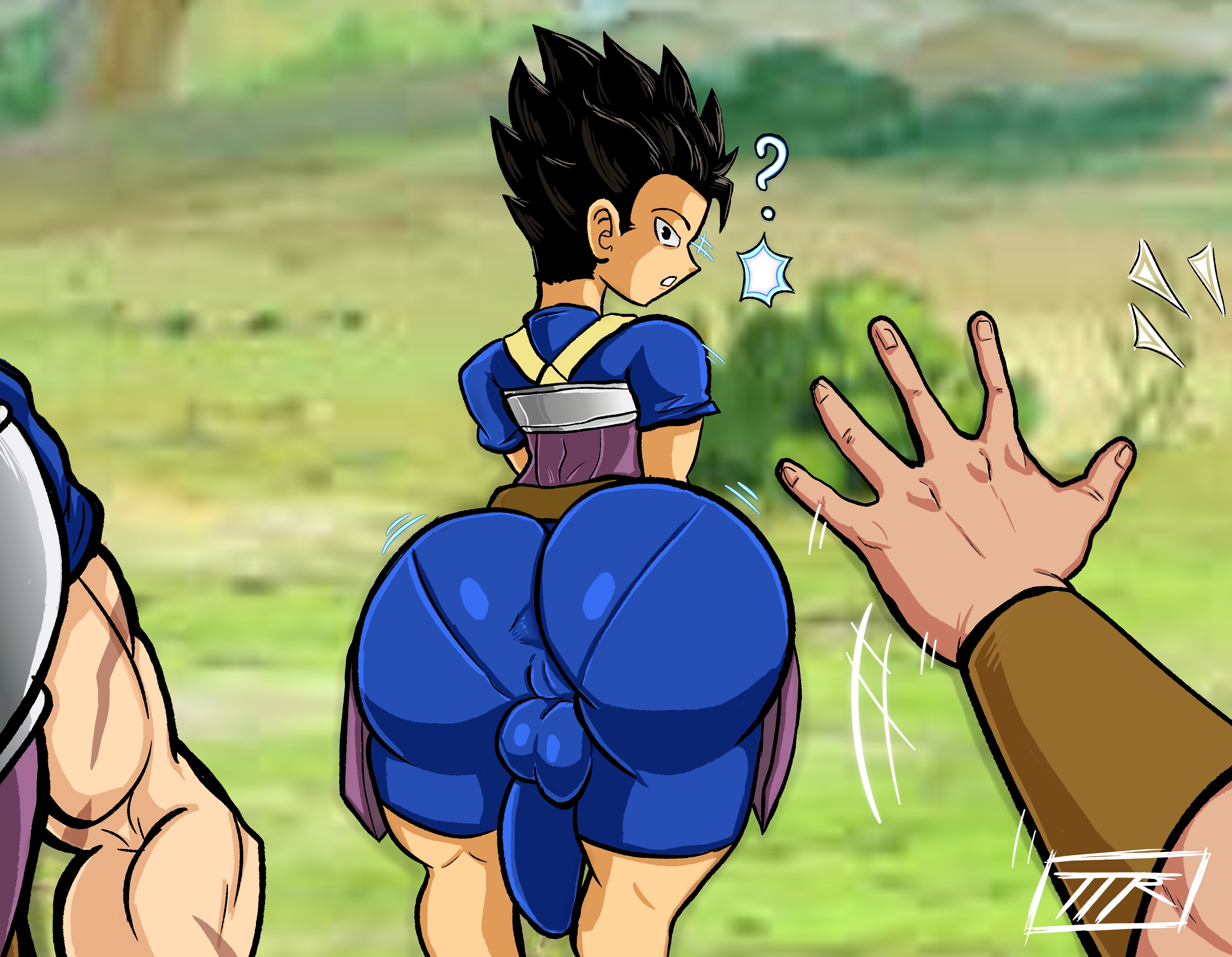 1boy, armband, ass, balls, big ass, big butt, blue clothing, bubble ass, bubble butt, bulge, cabba, digital media (artwork), dragon ball, dragon ball super, fat ass, femboy, flaccid, hi res, highres, kojoarts, light skin, light-skinned male, looking at viewer, looking back, male, male focus, male only, naughtypaw (artist), penis, plain background, question mark, saiyan, saiyan armor, scars, spiky hair, ttherandom, tthrandom, tthrandom rp, universe 6, universe 6/universe 7, waving