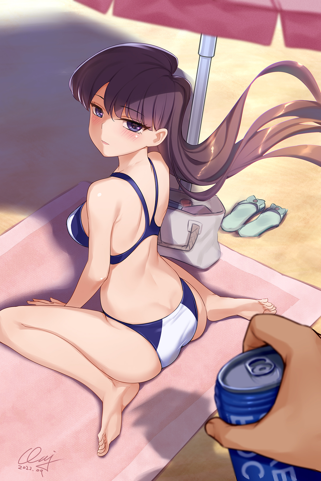 1girls, ass, ass cleavage, ass crack, beach, beach towel, beach umbrella, bikini, black hair, blush, breasts, butt crack, eyebrows visible through hair, feet, female, komi shouko, komi-san wa komyushou desu, large breasts, light skin, light-skinned female, long hair, looking at viewer, male, menyoujan, pale skin, pale-skinned female, purple eyes, sand, sitting, smile, solo female, swimsuit