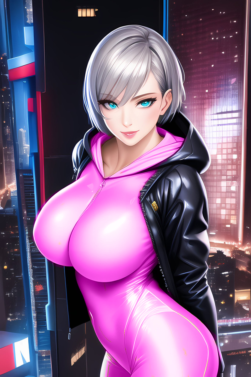 ai generated, blue eyes, commentary request, female, latex, latex bodysuit, latex clothing, latex suit, milf, nai diffusion, oc, original character, silver hair, stable diffusion, tagme, white hair
