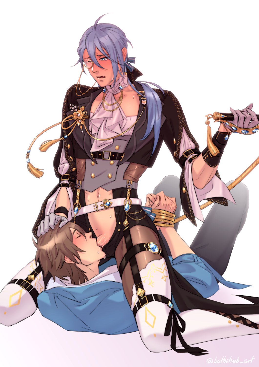 2boys bathsheb bishonen blowjob blush clothed edmond_(nu:_carnival) eiden_(nu:_carnival) erection gay hands_tied high_heel_boots holding_head male_only nu:_carnival restrained rope stockings straddling thigh_boots thighhighs whip yaoi