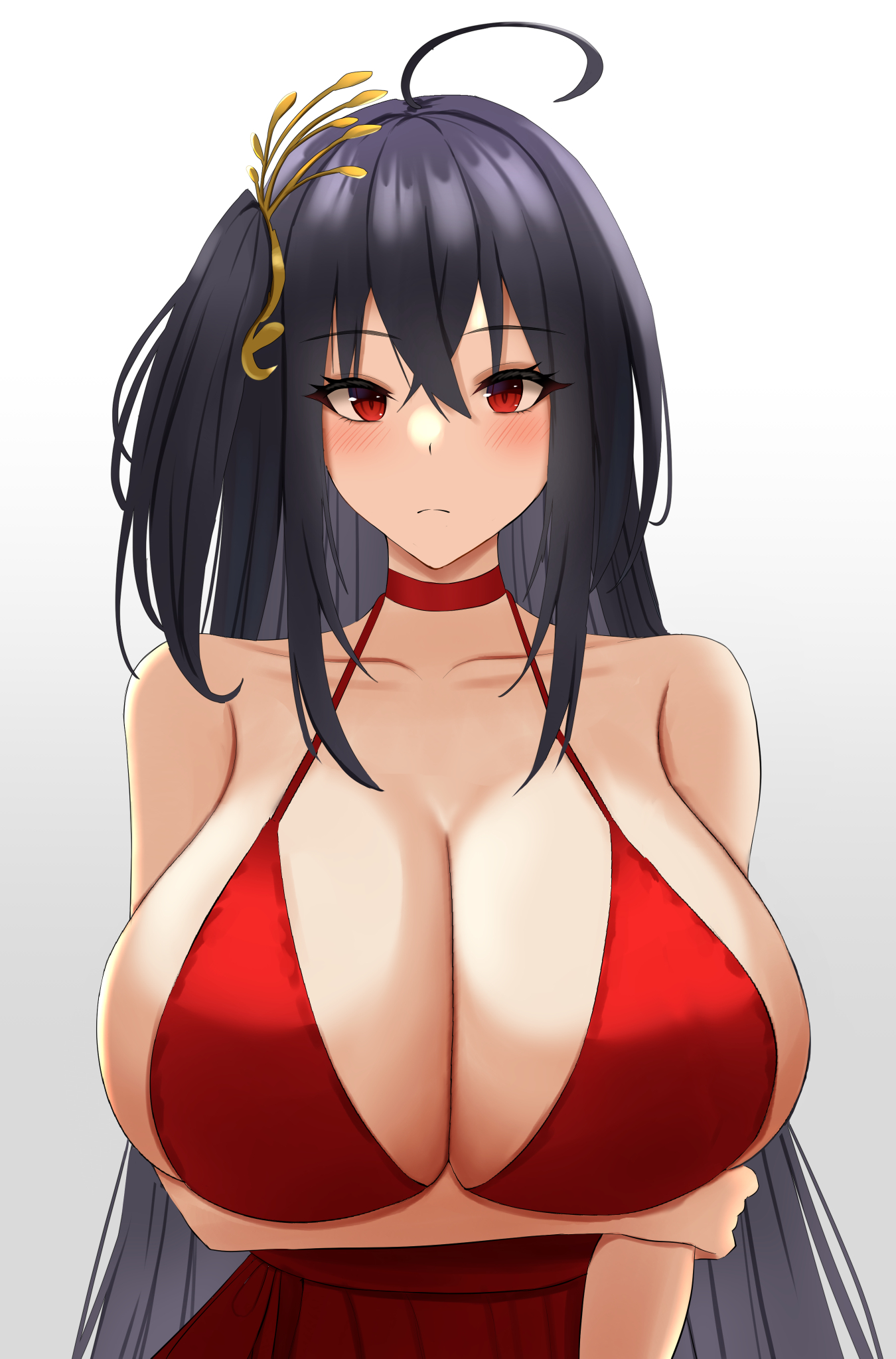 1girls, ahoge, artist request, azur lane, black hair, breasts, cleavage, dress, female, hair ornament, huge breasts, light skin, light-skinned female, long hair, looking at viewer, red dress, red eyes, side ponytail, simple background, taihou (azur lane), taihou (forbidden feast) (azur lane)