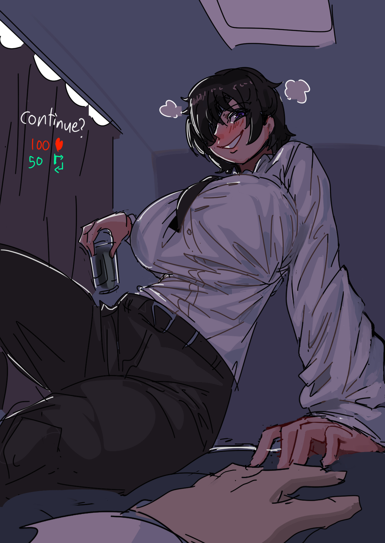 1boy, 1girls, bathsalts1, big breasts, breasts, bursting breasts, chainsaw man, denji (chainsaw man), drunk, eye patch, female, himeno (chainsaw man), light skin, light-skinned female, male, pov, shounen jump, smile, strip game