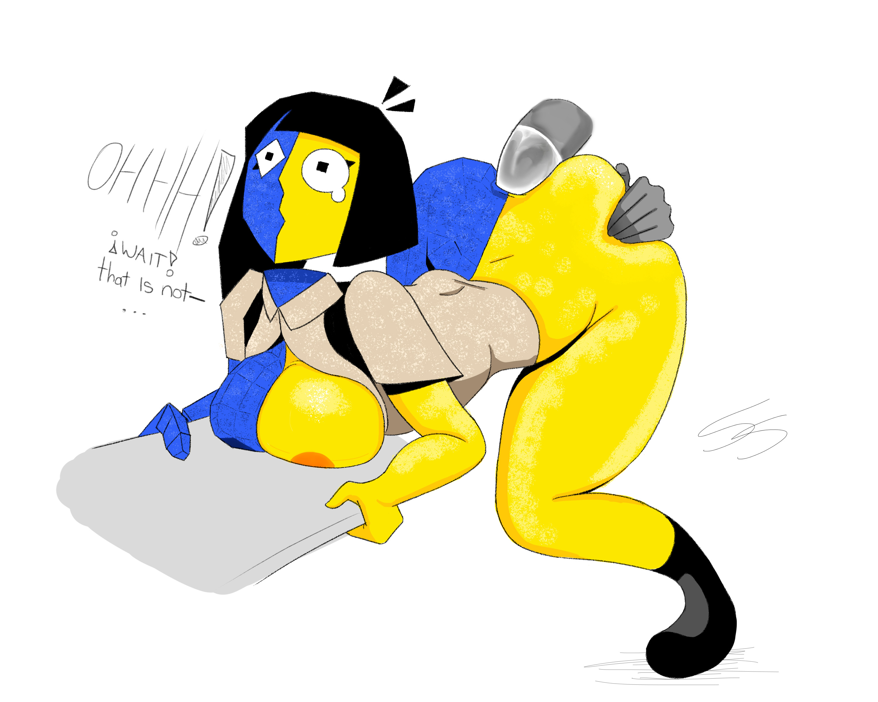 1boy, 1girls, anal, anal sex, ass, ass grab, ass up, big breasts, blue body, breasts, ena, ena (series), female, joel g, male, penetration, penis, skullkidsak, surprise buttsex, surprised expression, tears, text, unseen male face, wrong hole, yellow body