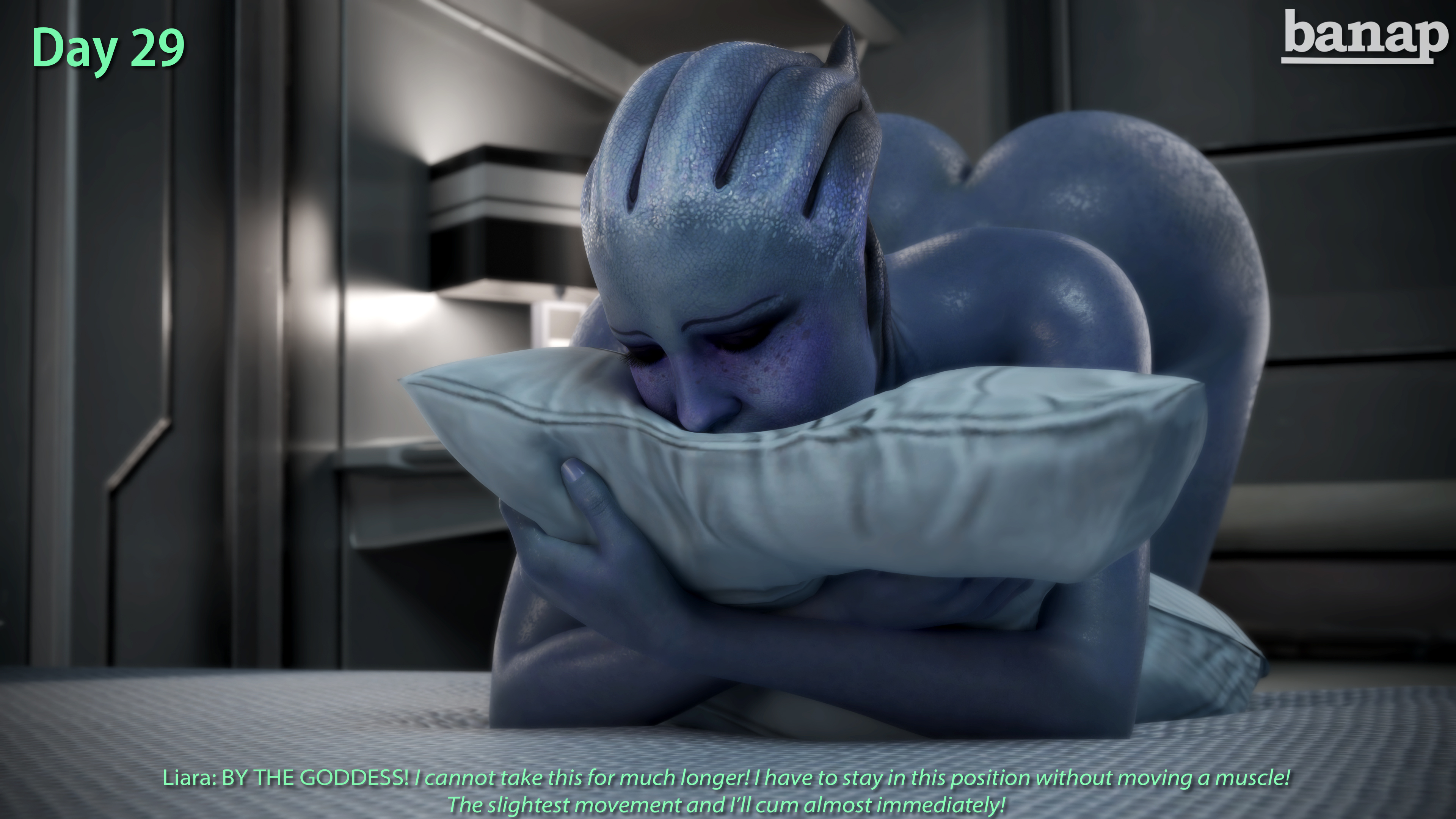 1futa, 3d, 3d (artwork), alien, alien girl, alien humanoid, asari, asari futa, ass, banap, blender, blender (software), blue skin, blush, comic, comic page, dialogue, english, english dialogue, english text, female, futa only, futanari, intersex, liara t'soni, mass effect, no nut november, nude, nude futa, self upload, solo, tagme, text