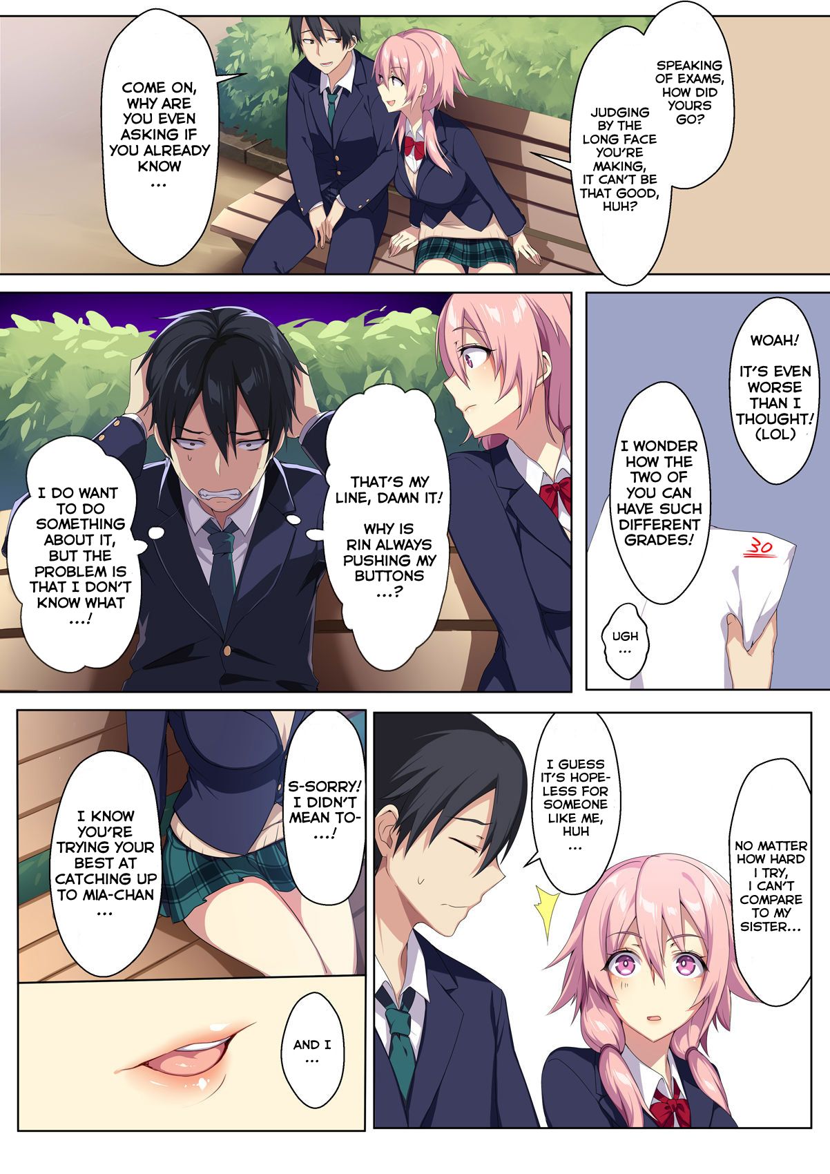 big_breasts black_hair breasts clenched_teeth close-up color comic dialogue english_text lips medium_hair original original_character outdoors outside pink_eyes pink_hair public punopupupu school_uniform schoolgirl short_hair sitting skirt speech_bubble text zeroshiki_kouichi