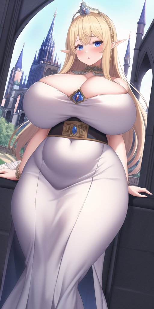 1girls, ai generated, big breasts, blonde hair, breasts, crown, dress, elf, elf ears, female, female only, nai diffusion, original, original character, royalty, solo, stable diffusion, white dress