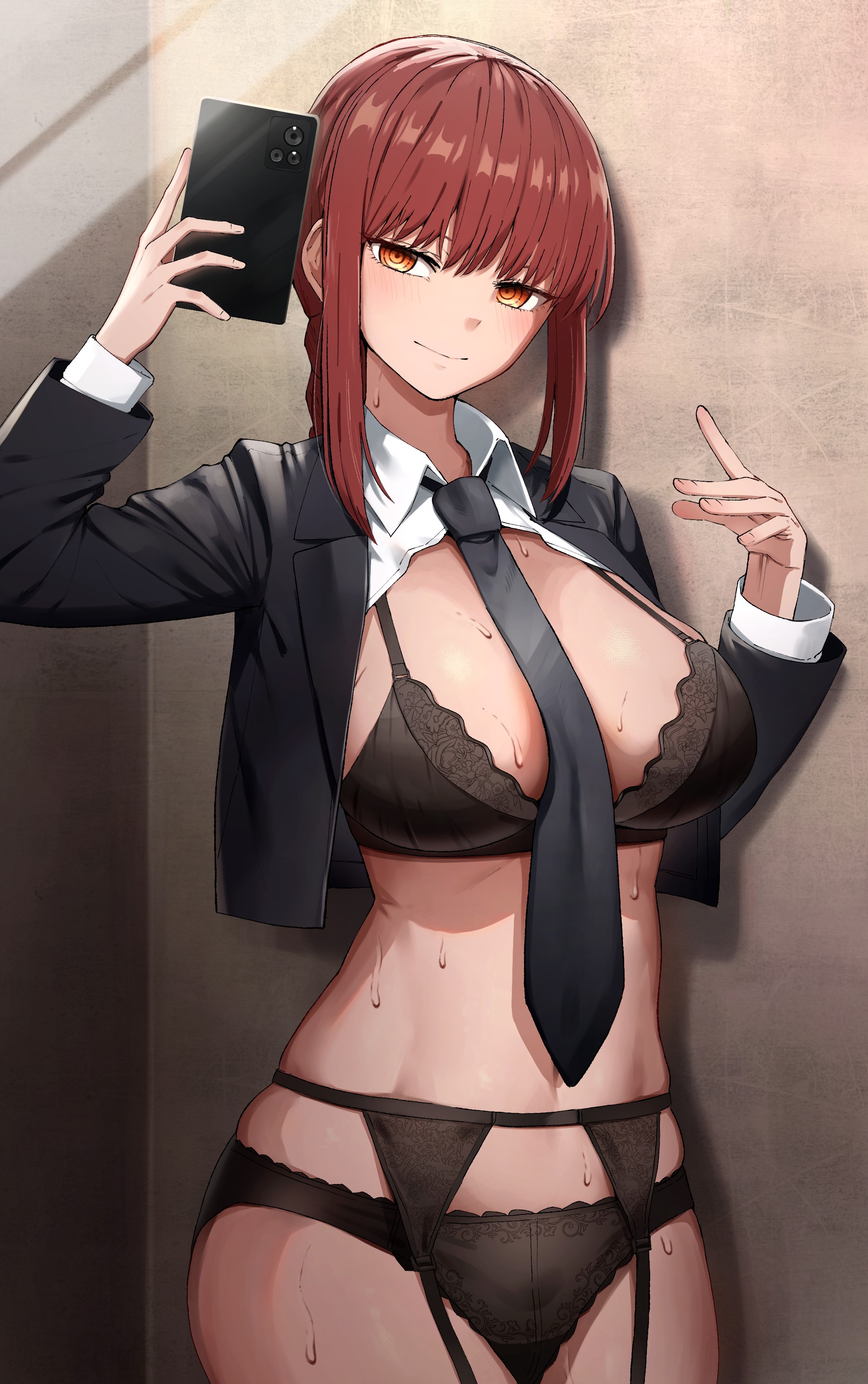 absurdres, against wall, black bra, black garter belt, black garter straps, black necktie, black panties, bra, breasts, chainsaw man, female, formal, garter belt, garter straps, highres, holding, holding phone, kurumayakoudo, large breasts, looking at viewer, makima (chainsaw man), necktie, open clothes, open shirt, orange eyes, panties, phone, red hair, revision, selfie, shirt, smile, solo, suit, sweat, thighs, underwear, white shirt