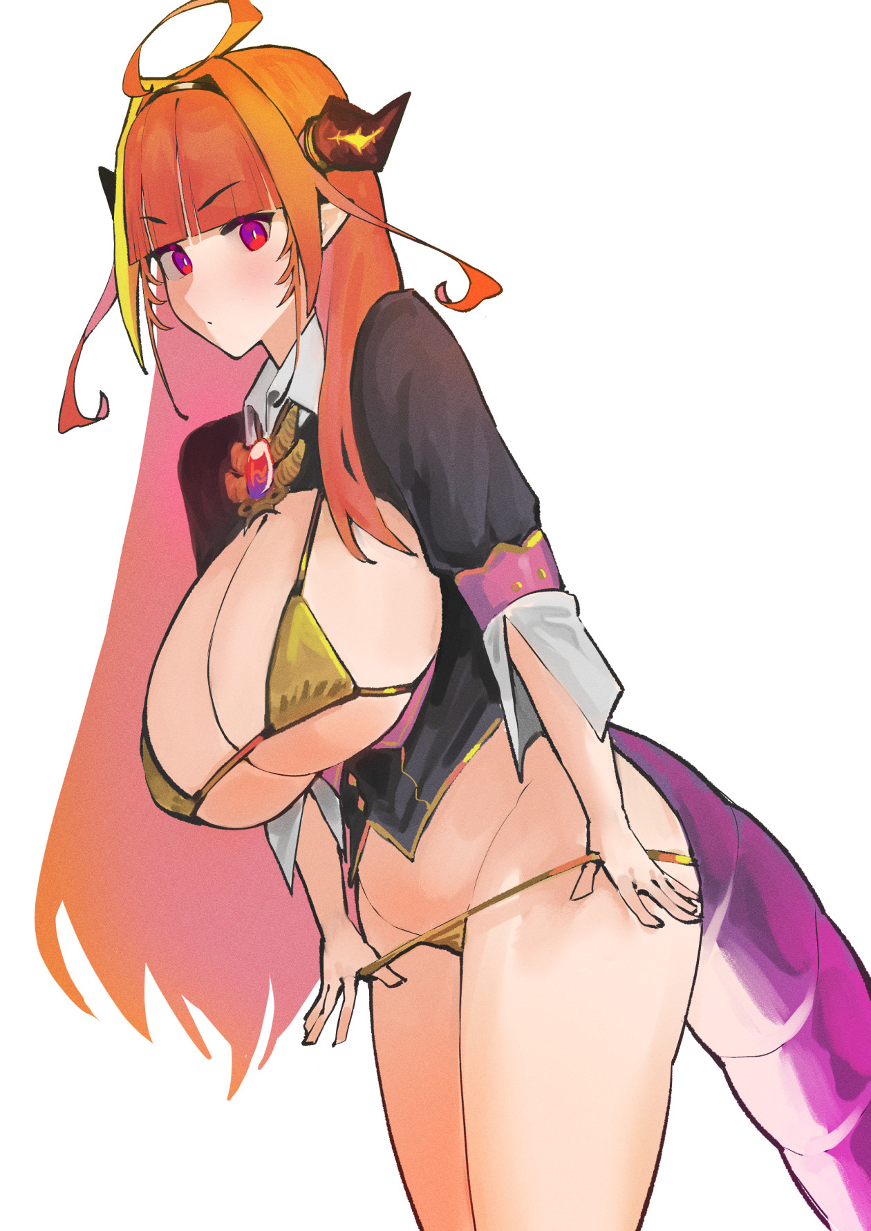 ahoge, breasts, cleavage, dismassd, dragon girl, dragon horns, dragon tail, female, holoforce, hololive, hololive japan, huge breasts, kiryu coco, long hair, micro bikini, orange hair, partially clothed, virtual youtuber