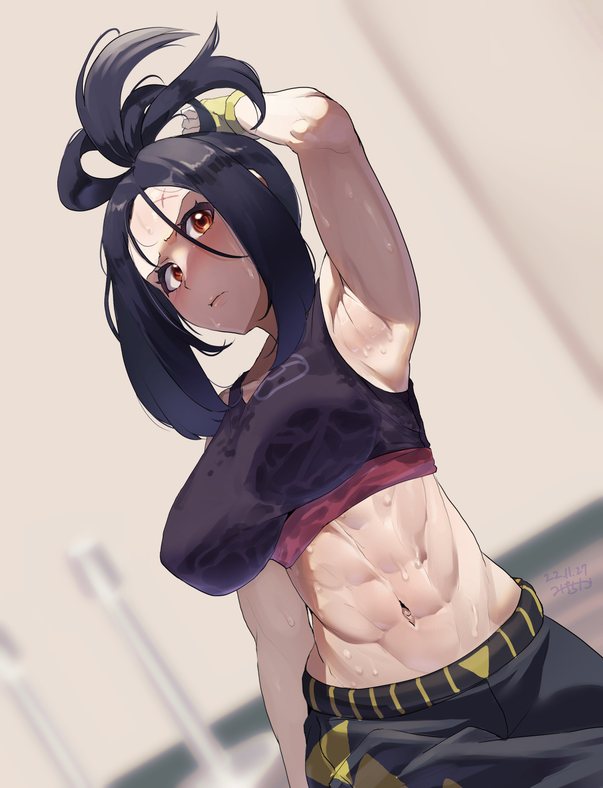 1girls, abs, armpits, big breasts, black hair, blush, breasts, dendra (pokemon), female, female only, fit, fit female, game freak, gym, hi res, mature female, midriff, milf, mkck (miki chika), muscular, muscular female, navel, nintendo, pokemon, pokemon sv, six pack, sportswear, sweat, toned, toned female, working out