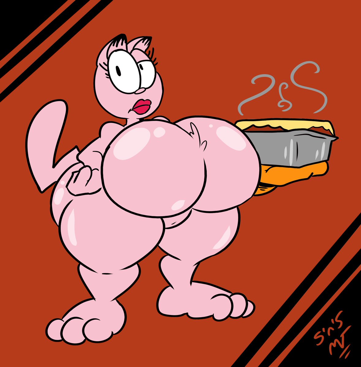 1girls anthro arlene_(garfield) ass big_ass big_breasts big_butt breasts bubble_butt butt domestic_cat garfield_(series) lasagna looking_at_viewer nickelodeon pink_fur pink_skin red_lipstick solo sweetspicymann tail text thick_ass thick_thighs thighs wide_hips