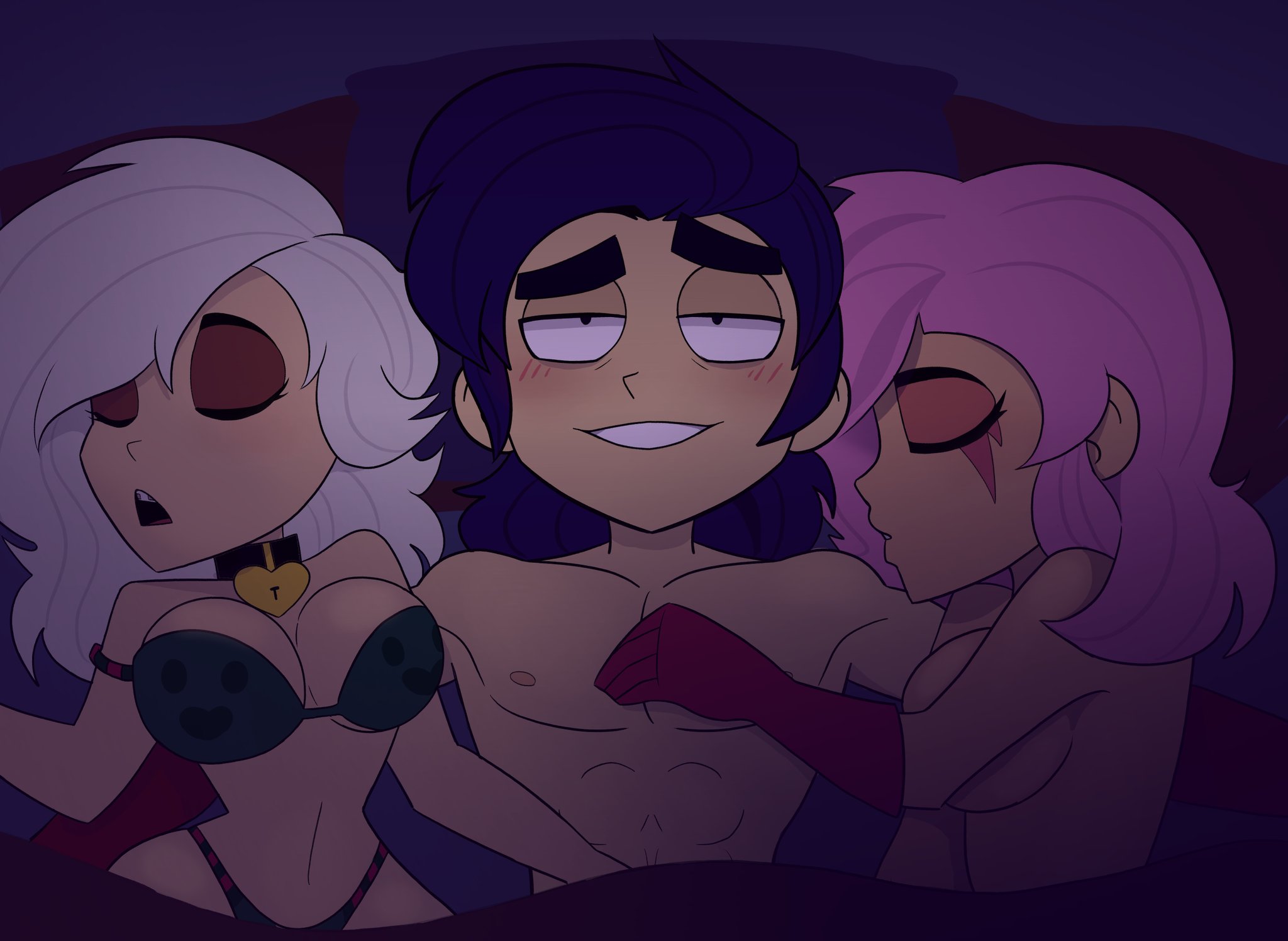 1boy, 2022, 2girls, bed, bikini, blue hair, blush, brawl stars, breasts, closed eyes, colette (brawl stars), fang (brawl stars), female, happy male, janet (brawl stars), legs, loose hair, male, naked, pink hair, smiley face, tagme, thighs, totoshech, white hair, zzz